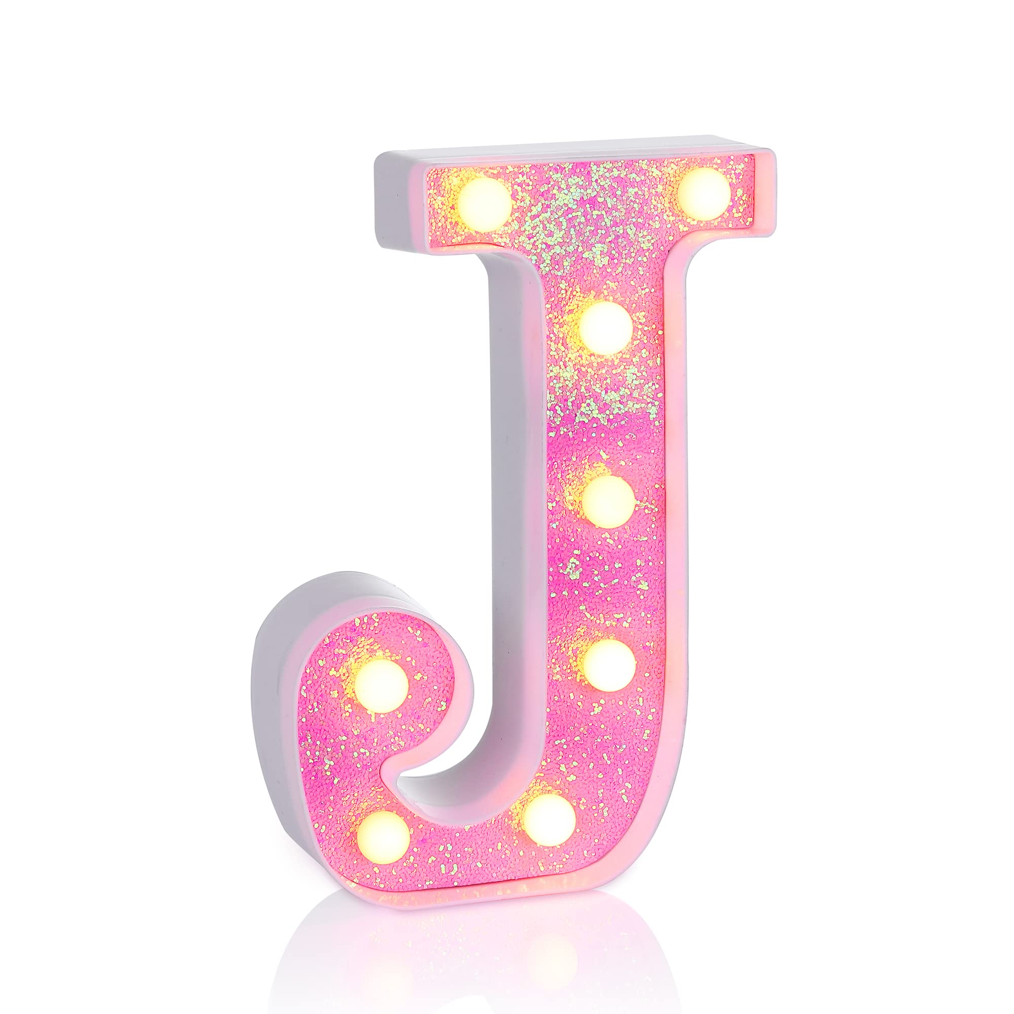 Foaky LED Letter Light Sign, Pink Glitter Alphabet for Parties, Battery Powered, Model J