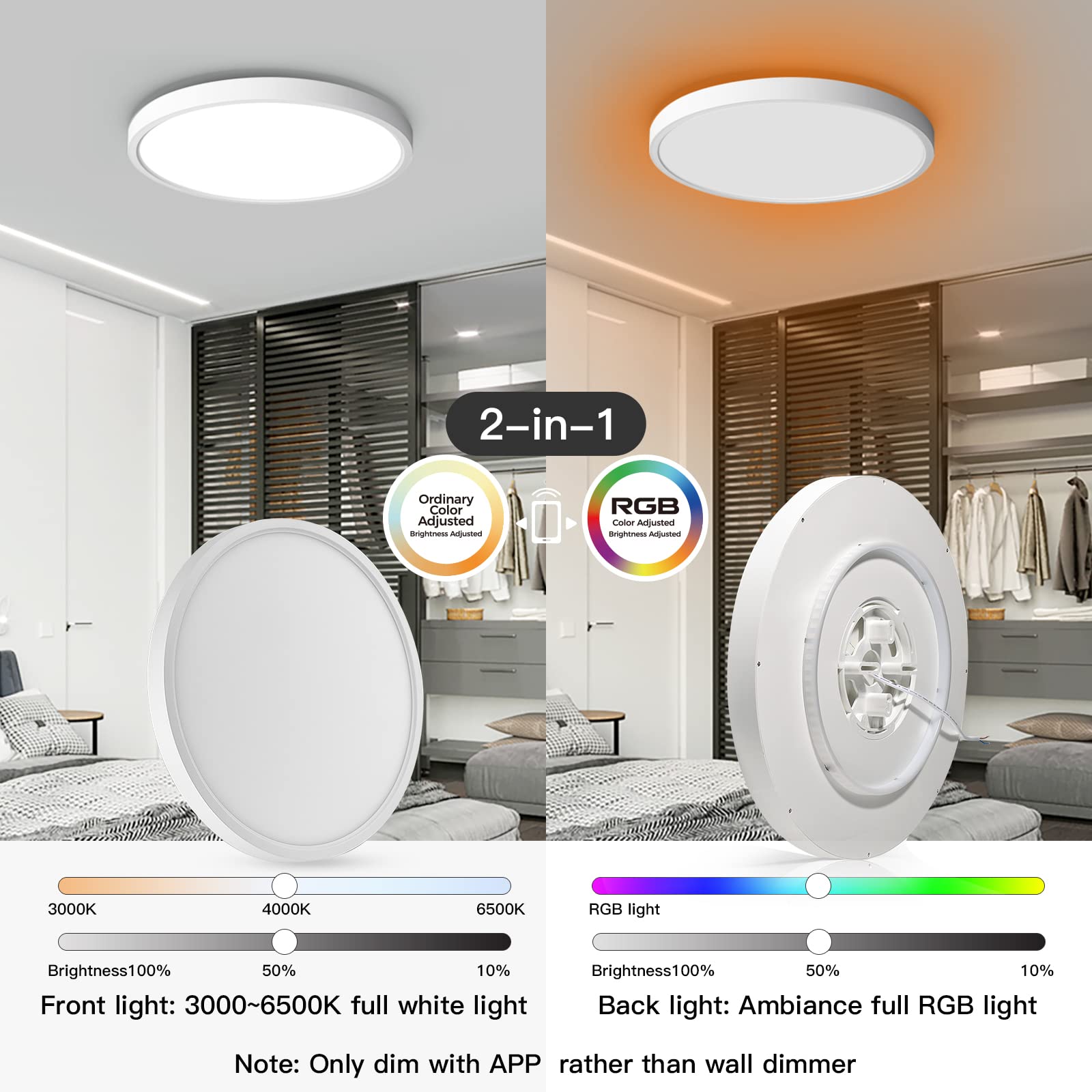Taloya Compatible With Alexa Flush Mount Ceiling Light, 12 Inch Rgb Ambient Light, Day Light 3000K~6500K Adjustable By App, Equi