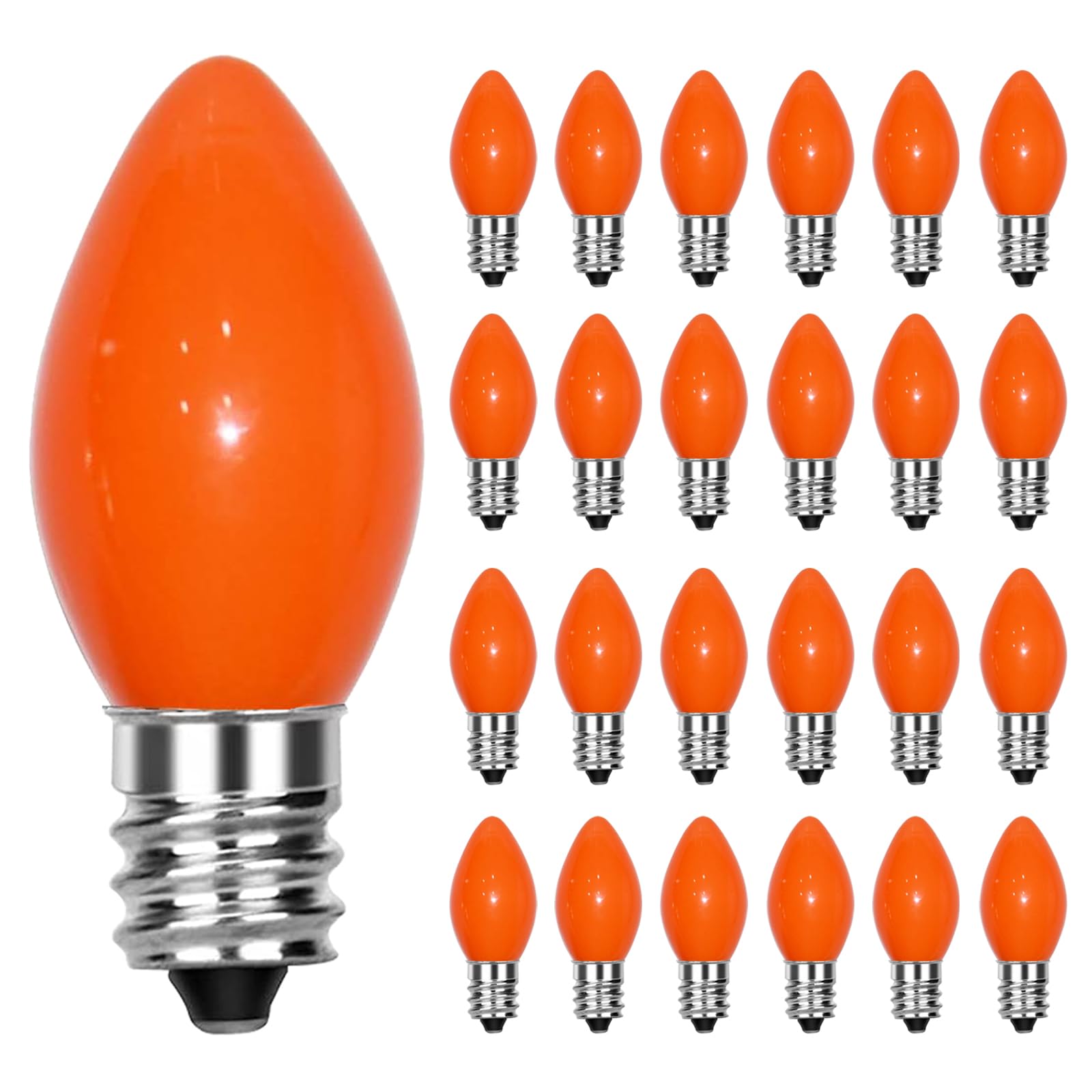 SUNSGNE C7 LED Christmas Light Bulbs, 25 Pack, E12 Base, 0.6 Watt, Orange, Plastic, Ideal for Outdoor String Lights, Halloween Decor
