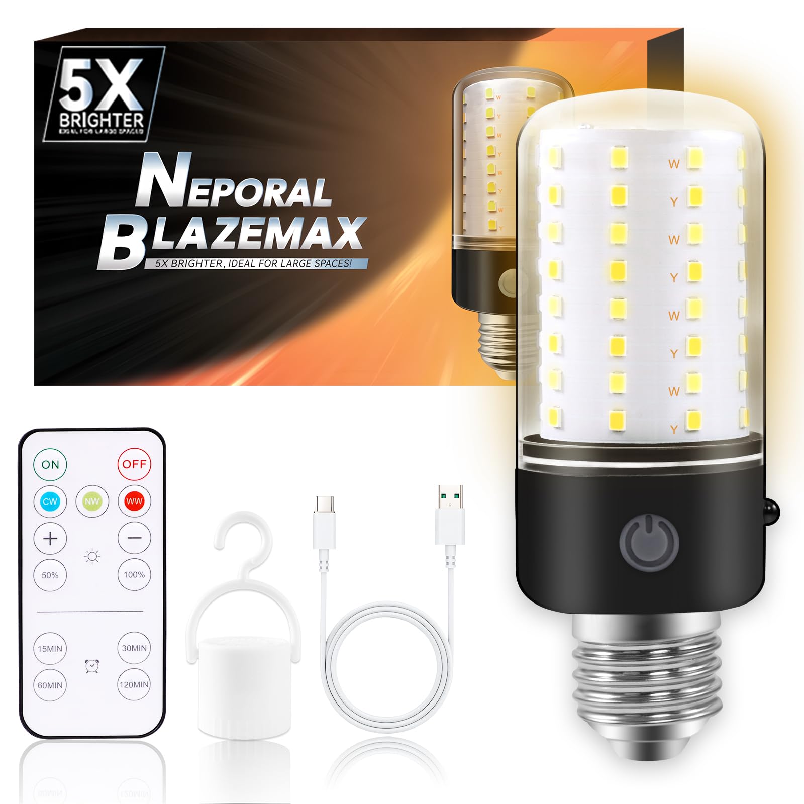 Neporal Blazemax Rechargeable Light Bulbs, Bright & Wide Dimmable Range, 3-Color Shifts, 2600Mah Usb/Lamp Rechartgeable Battery 