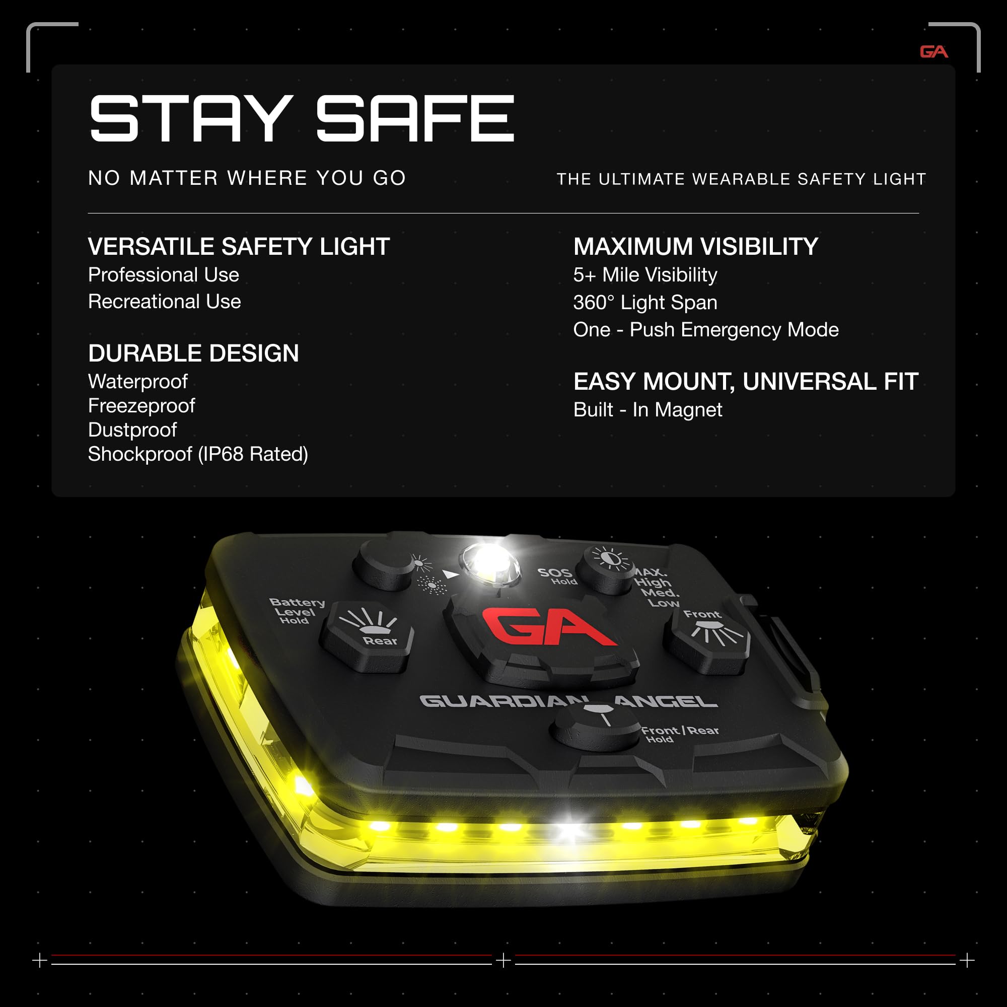 Guardian Angel Elite Series Safety Light, Beacon Device (Yellow Front & Yellow Rear) Rechargeable, Magnetic, Hands-Free Wearable
