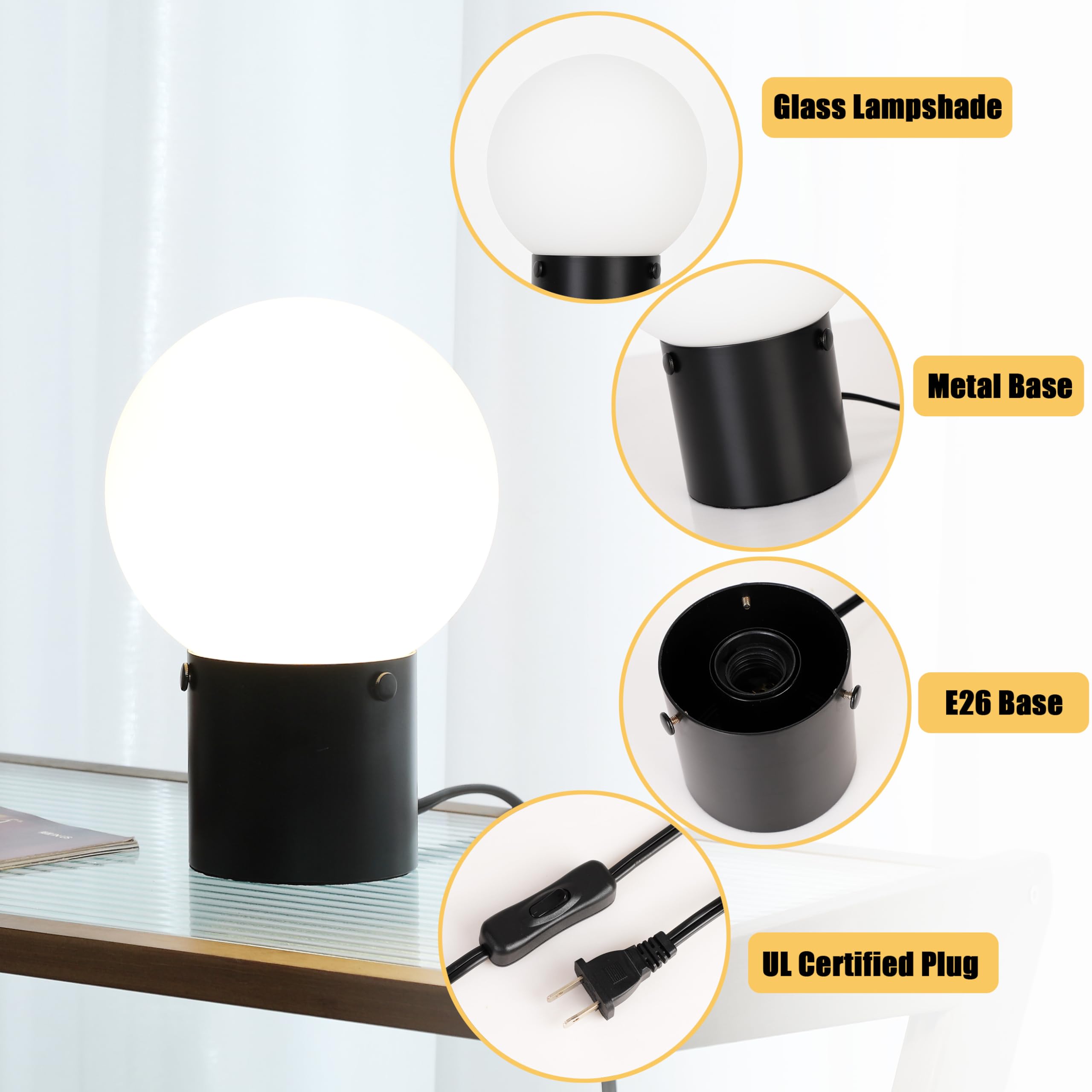 Somniferous Small Table Lamp For Nightstand With Frosted Glass Globe Lamp Shade, Mid Century Modern Bedside Lamp With Black Metal Base, Round Side Table Lamp For Bedroom Living Room Entryway