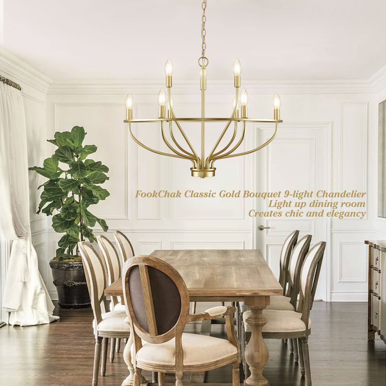FookChak 9-Light Gold Metal Candle Chandelier, 28.54in, Vintage Design for Dining Room, Foyer, Kitchen Island, Bedroom
