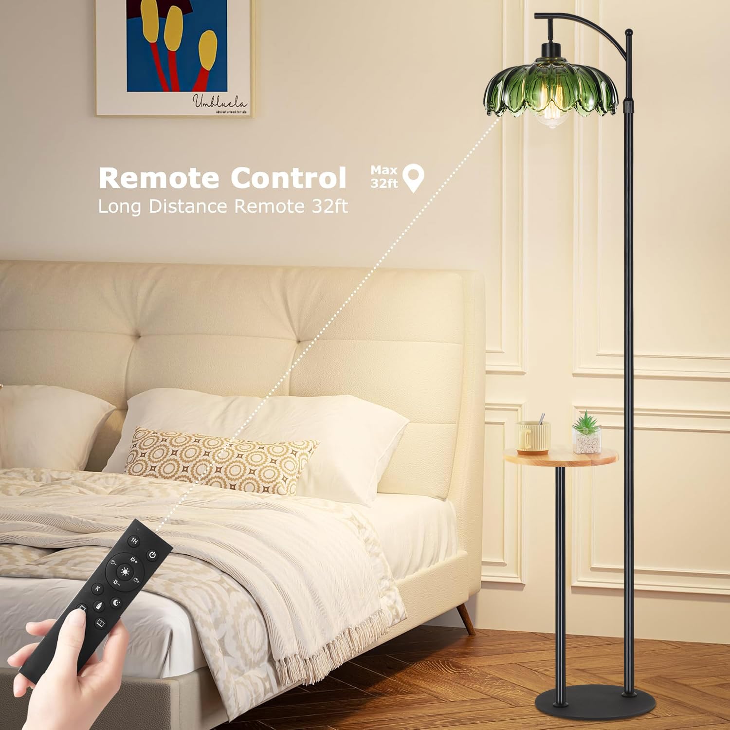 QIYIZM Boho Floor Lamp, Dimmable Arc Design, Black Rattan Shade, Adjustable Height, Model 1