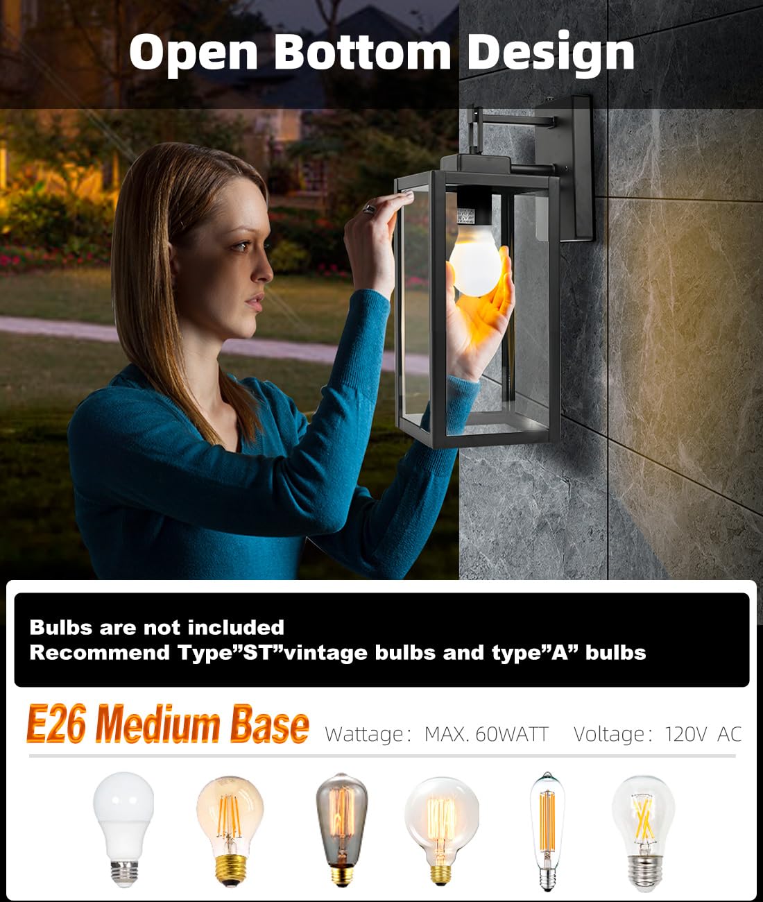 Faymart 2 Pack Outdoor Wall Lights, Waterproof Black Sconce With Glass Shade, E26 Socket