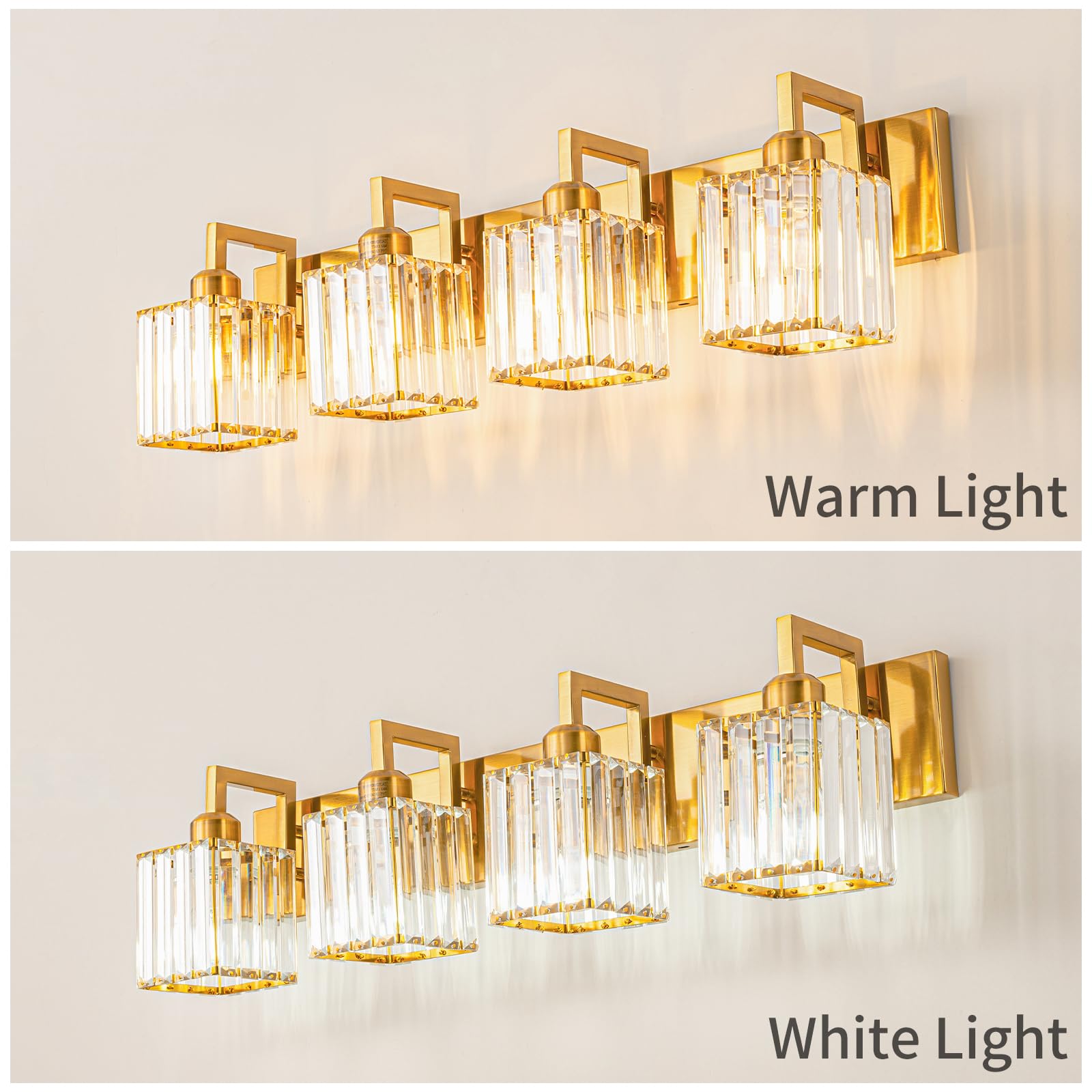 FDPBY Modern Crystal Bathroom Vanity Light - 4-Light Wall Lamp, Gold Brushed Brass Finish, Model JW-003, Metal Material