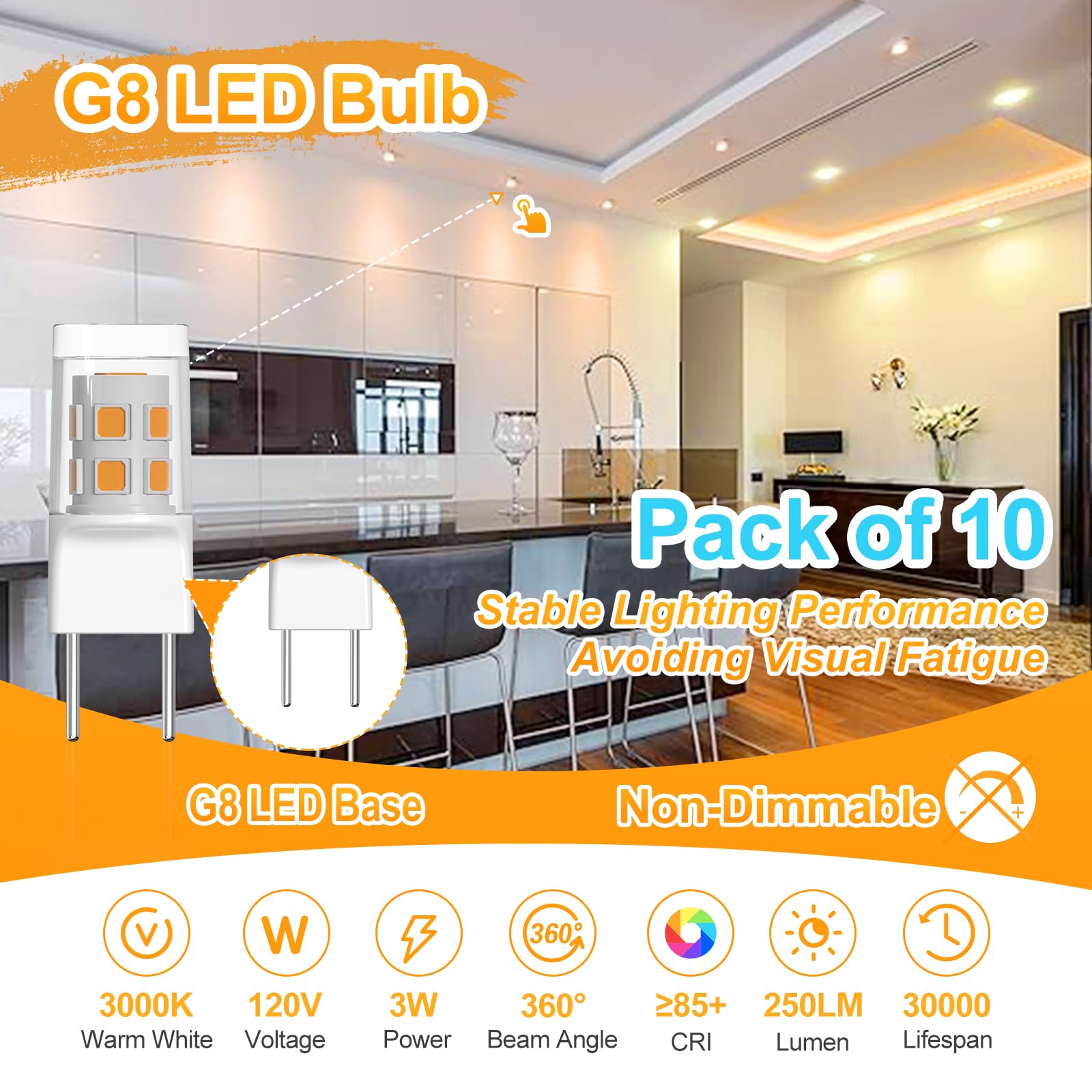 SSQY G8 LED Light Bulb 3W Warm White - Bi-pin Xenon JCD Replacement, 120V, Pack of 10
