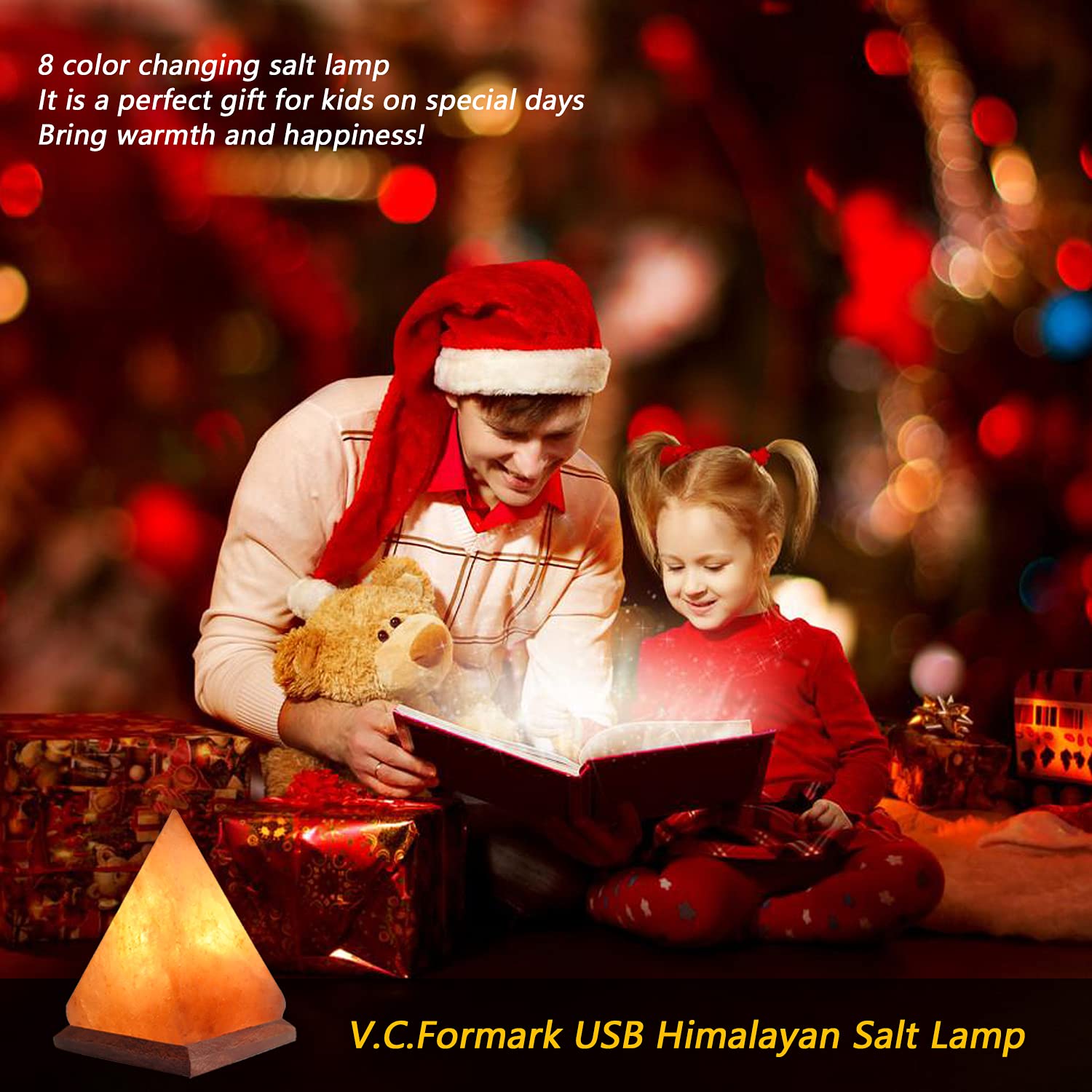 V.C.Formark USB Himalayan Salt Lamp - Hand Carved Crystal Rock, 8 Color Changing, Pyramid Shape, Genuine Wood Base for Home and Office Decor