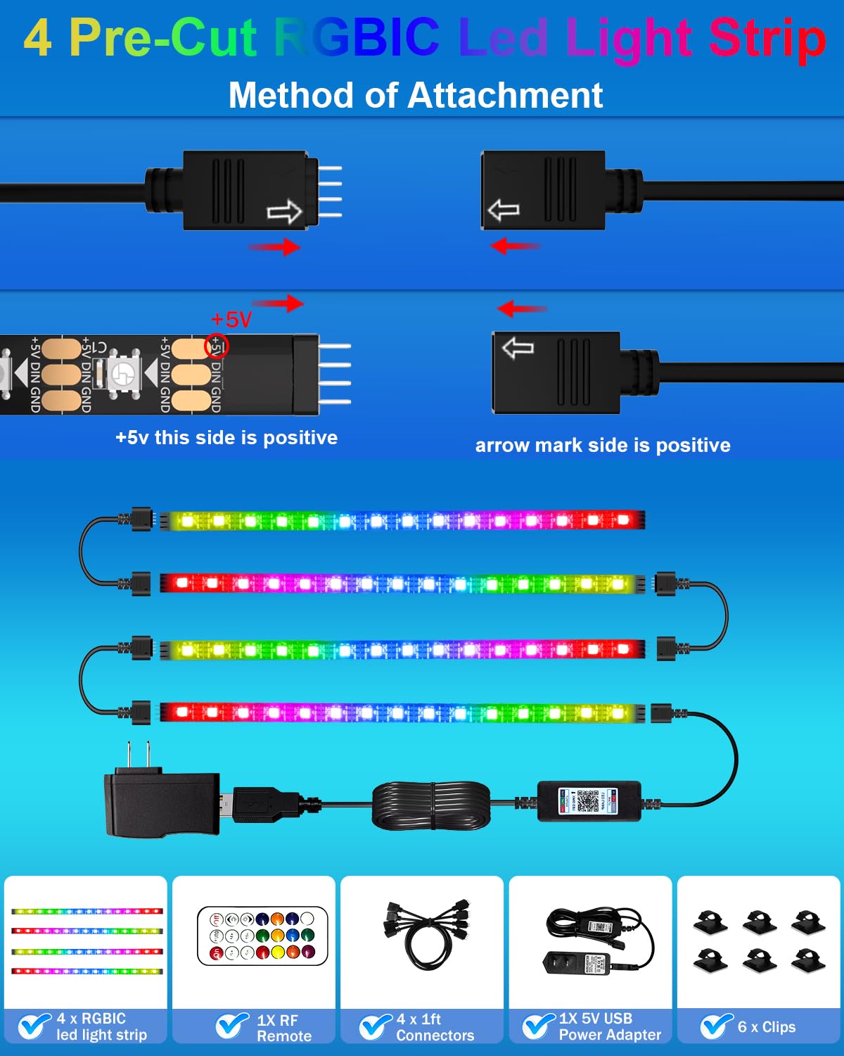 Led Strip Lights 4 Pre-Cut Rgb Led Light Strip With App & Remote Control, Multi-Color Music Sync Changing Strip Lights For Cabin