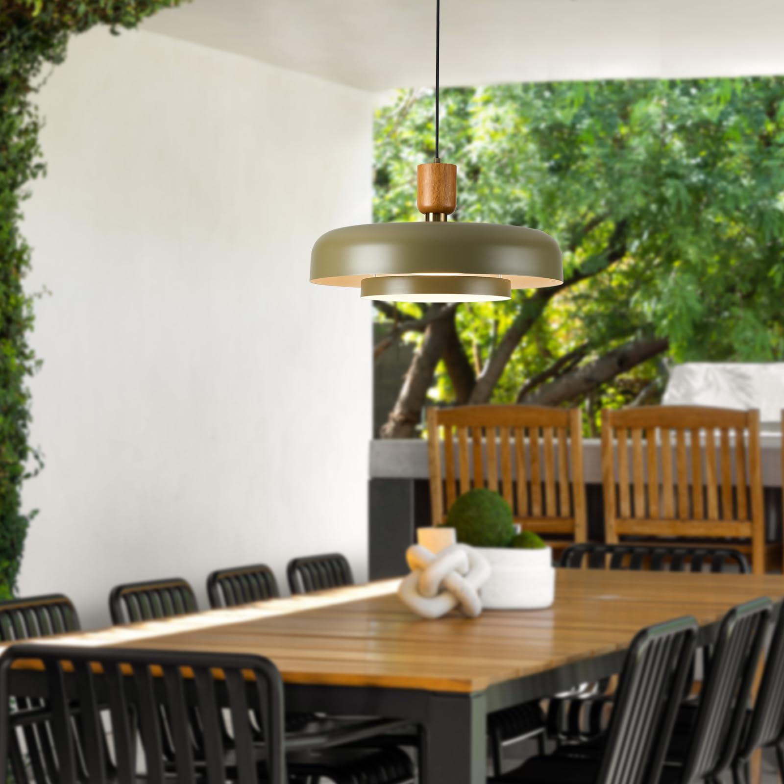 Mid Century Chandelier 19.68 Inch, Natural Wood And Brass Accent,2 Layered Deep Green Shade,Large Pendant Ceiling Lights For Kit