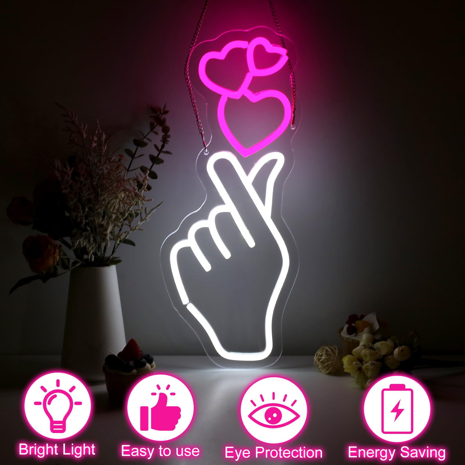 DMDMBSR Finger Heart Neon Sign, LED Dimmable Light for Home/Party/Wedding, USB Powered, 17.7inx7.1in, Small, Finger Heart Color