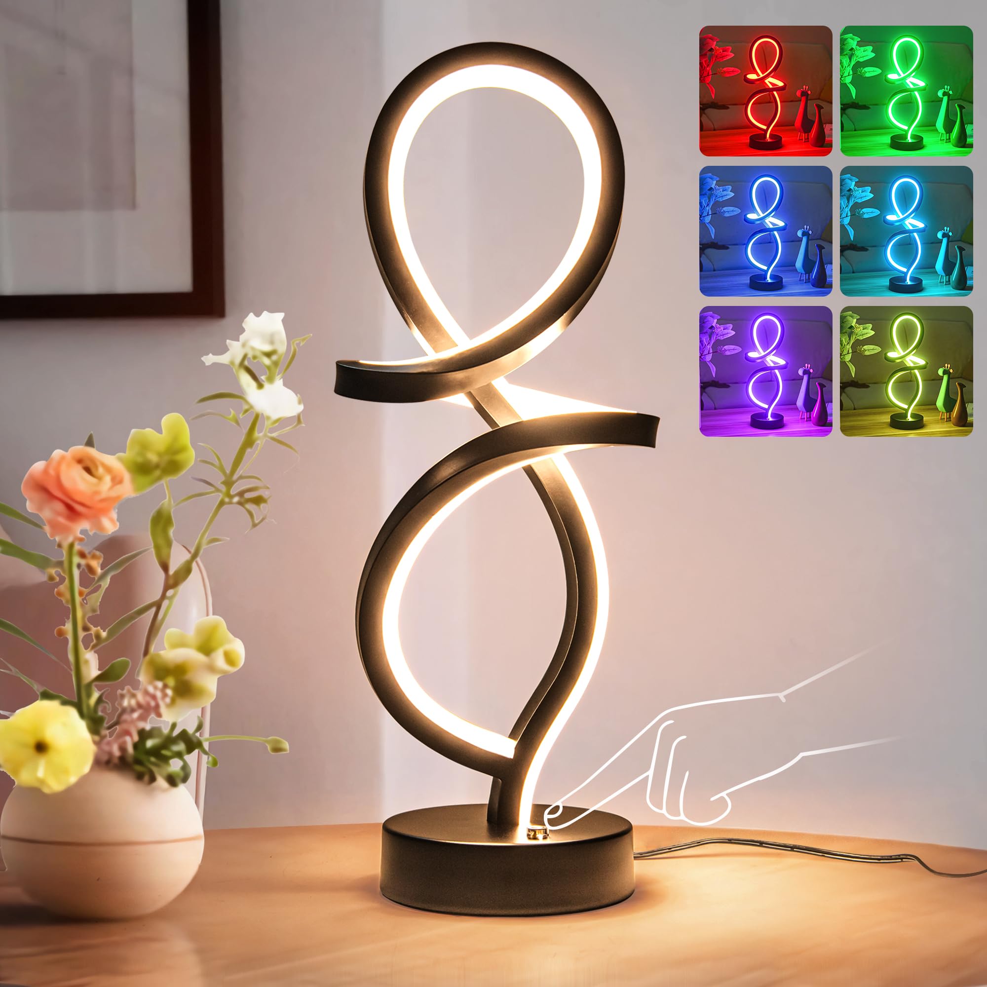 Mayful Rgb Spiral Led Table Lamp - Touch Dimmable, 7 Colors & 10 Modes, Modern Bedside Lighting
