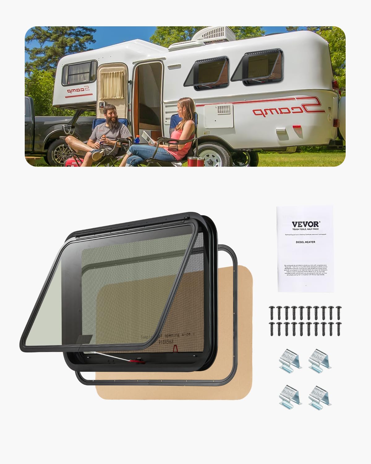 VEVOR RV Exit Window, 36 W x 22 H Tinted RV Window with Net Screen and Trim Ring, Fit for 1 1/4 - 1 13/16 Thickness Wall, RV Win