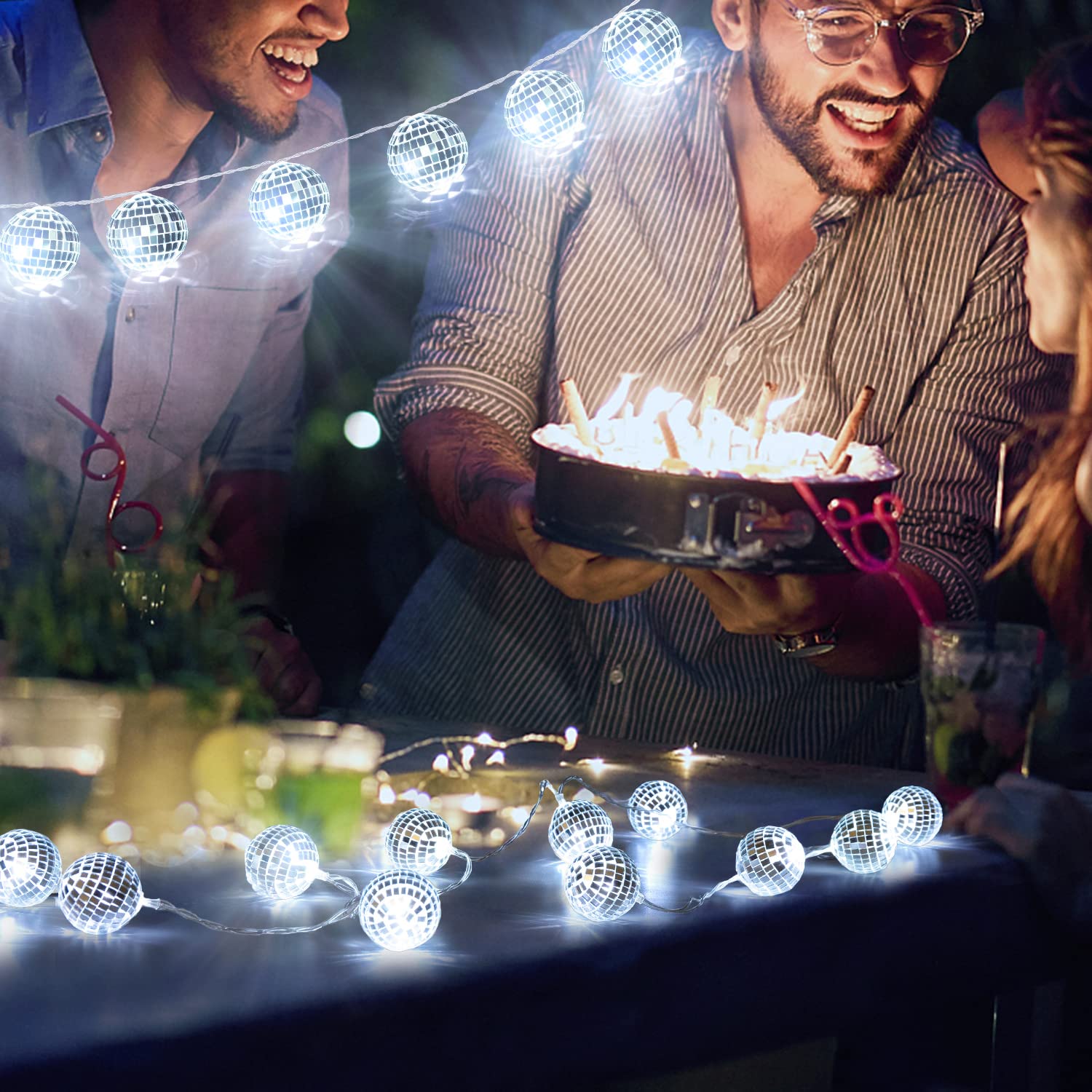 AceList Disco Ball String Lights - 20 LED, Battery Powered & USB, 9.8Ft, Silver, Model GZ-LT301BW-20-FBA1