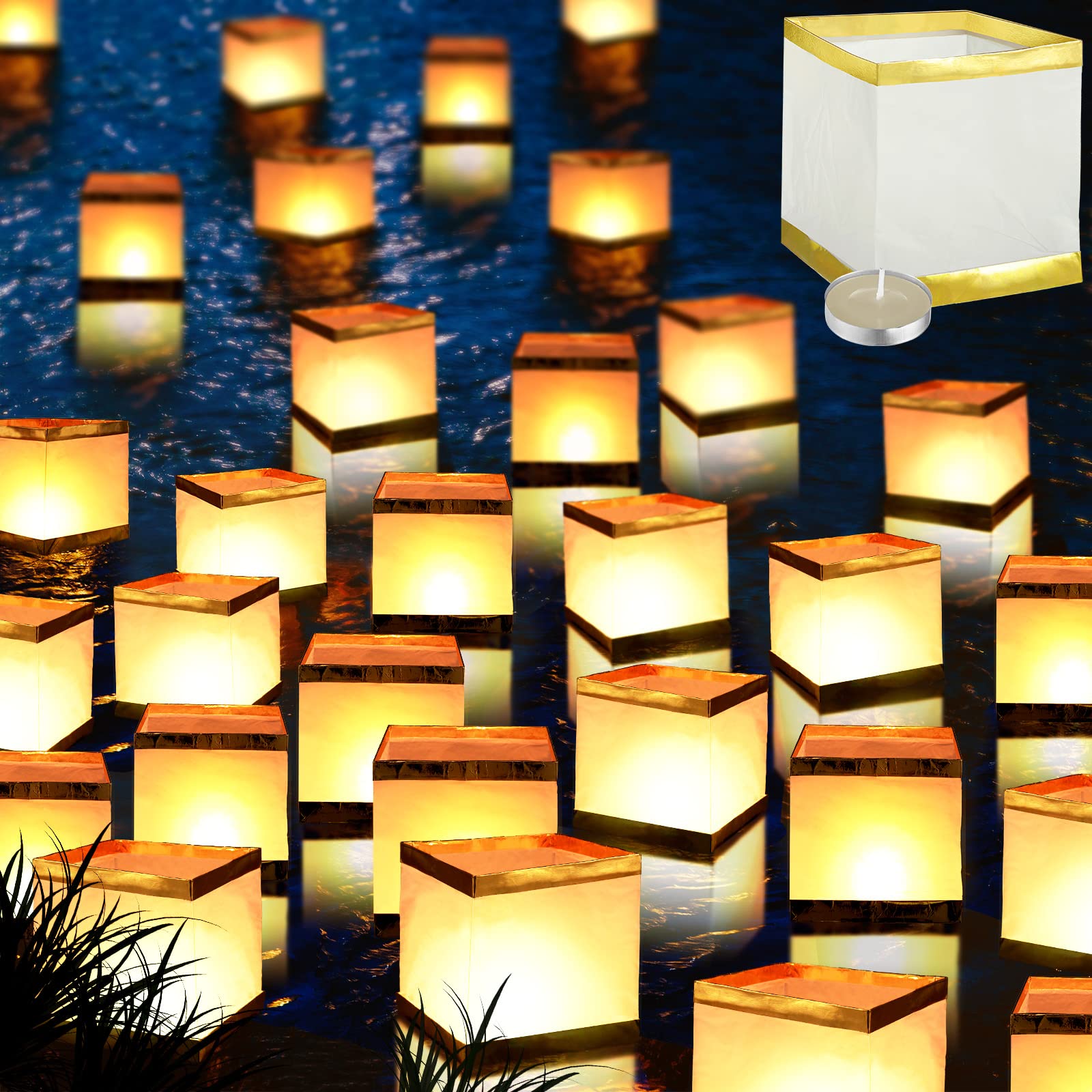 Hortsun Square Paper Lanterns, Waterproof Chinese River Lanterns for Wishing Praying Blessing Wedding Swimming Pool,5.9 Inch(50 