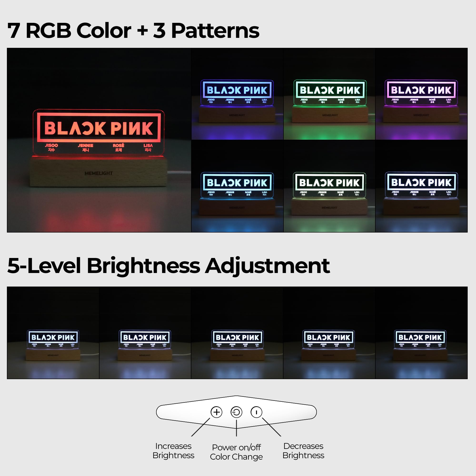 MEMELIGHT Black & Pink Night Light, Kpop Lamp, 7 RGB Colors, Dimmer, Wood, Model ML-VA-02, 8.3 x 4.2 x