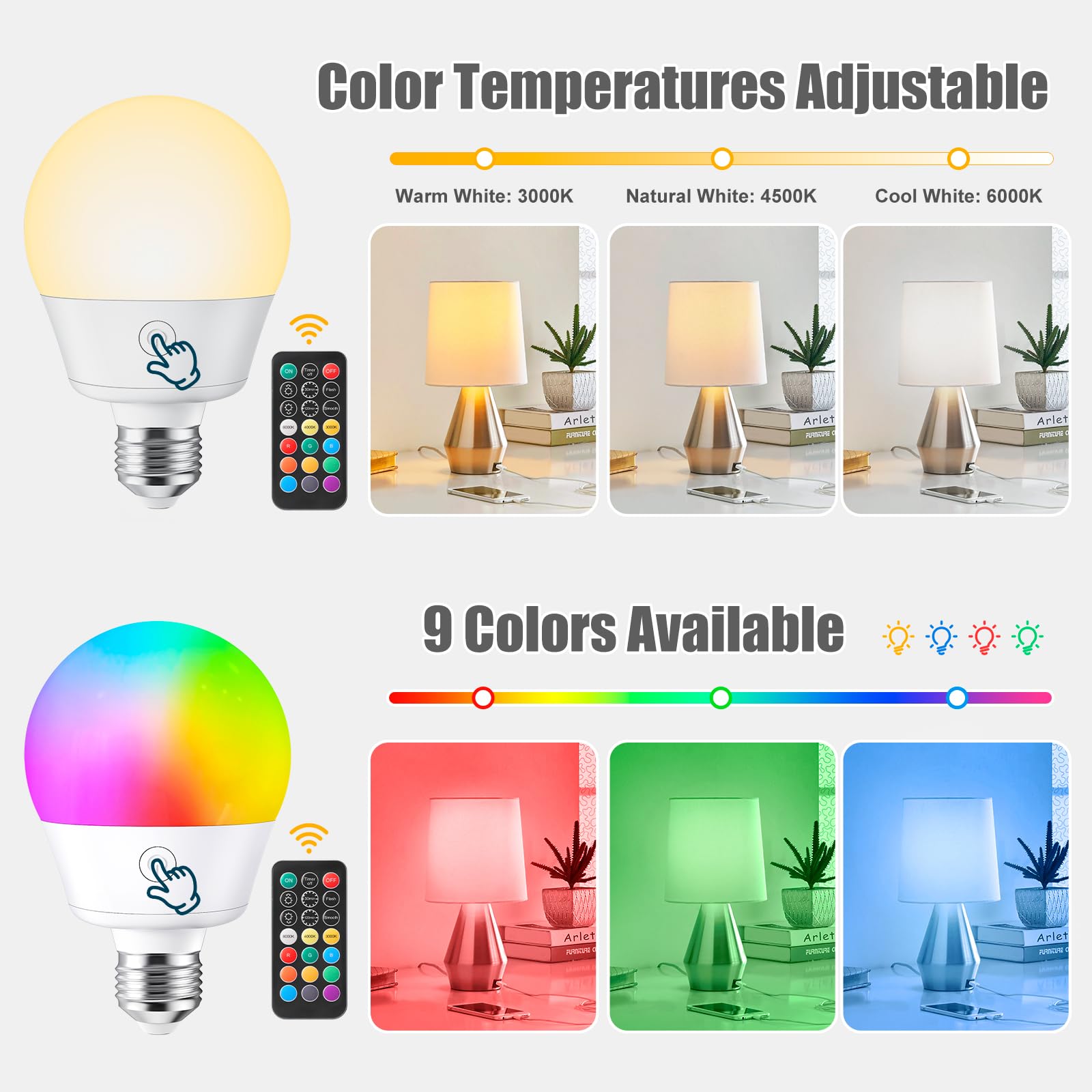 Brightown E26 Rechargeable Light Bulb With Remote And Timer, Battery Backup Bulb For Sconces And Lamps, E26 Detachable Charging For Non-Hardwired Fixture, 3 Color Temperatures + 9 Rgb Colors, 4 Pack