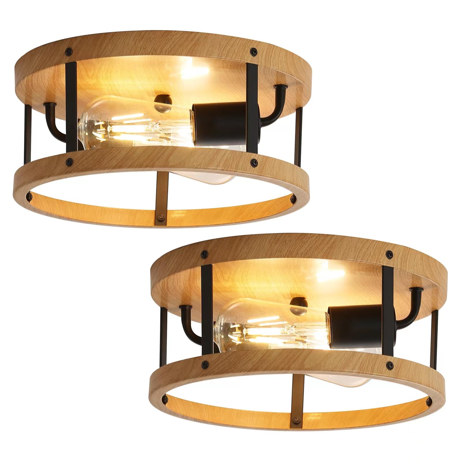 Eietonte Flush Mount Ceiling Light Fixture, 11inch 2-Light Drum Close to Ceiling Lighting, Rustic Black Metal and Wood E26 Base 