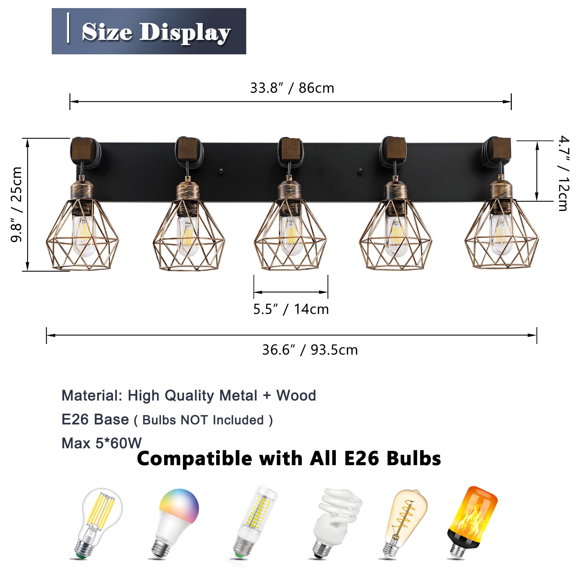 Maesta 5-Light Farmhouse Bathroom Vanity Light, Rustic Black Gold Metal Sconces for Living Room, Bedroom, Hallway
