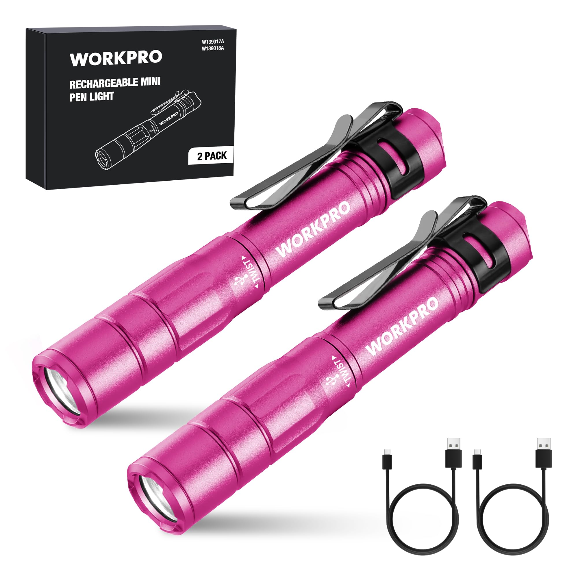 WORKPRO Rechargeable Pen Light, Mini Flashlight 2-Pack, Aluminum, Pink, Model W139022, Includes USB C Cables