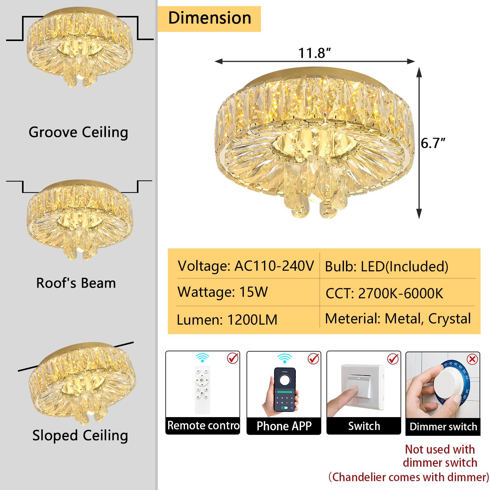 dolria Modern Crystal Chandelier 53.7" LED Dimmable Flush Mount Gold, Metal, Model PC1019-140G for Living Room, Foyer, Bedroom