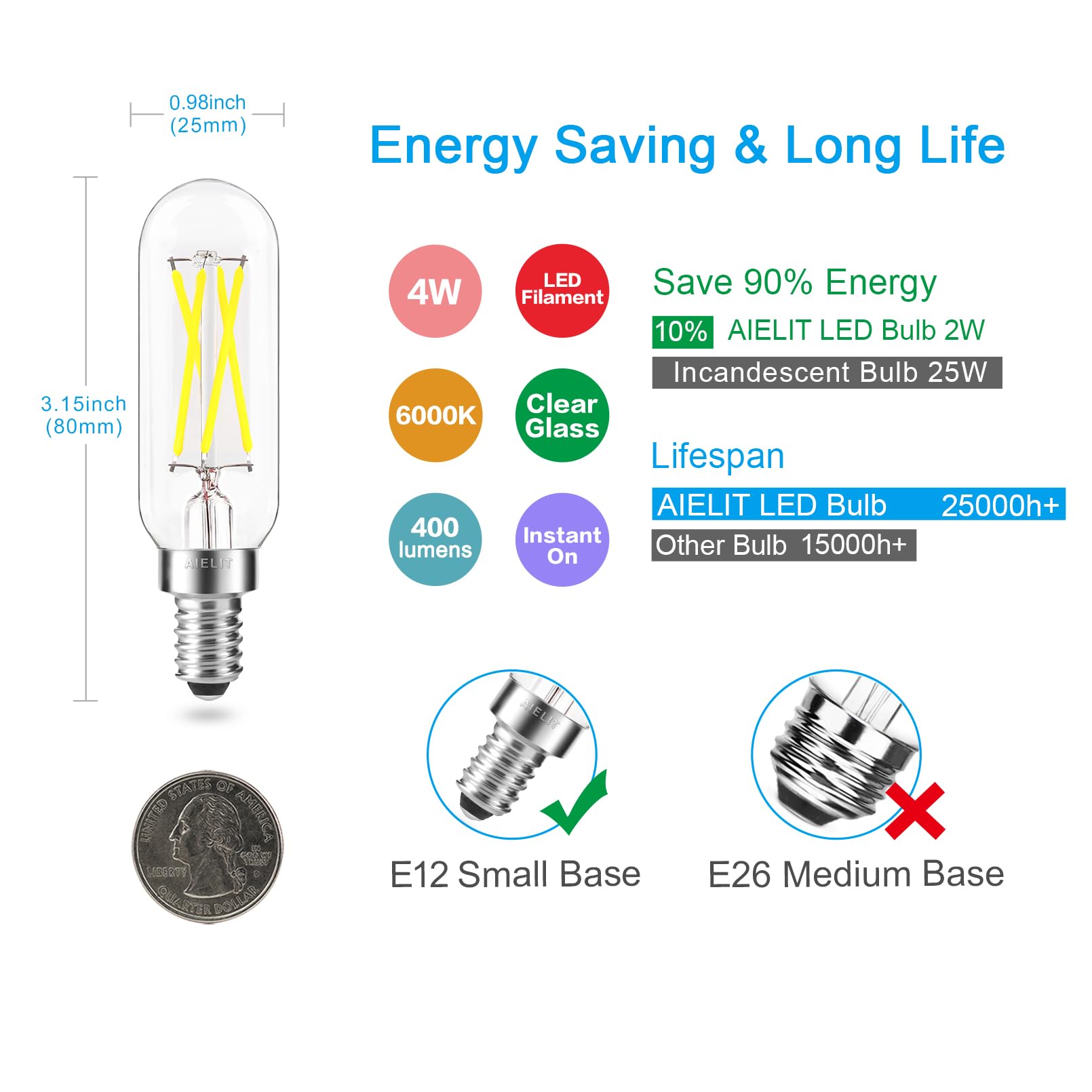 Aielit Dimmable T8/T25 Led Light Bulbs 40 Watt Equivalent, Cool White 6000K, 400 Lumens, 4W T6 Tubular E12 Led Bulb, Clear Glass