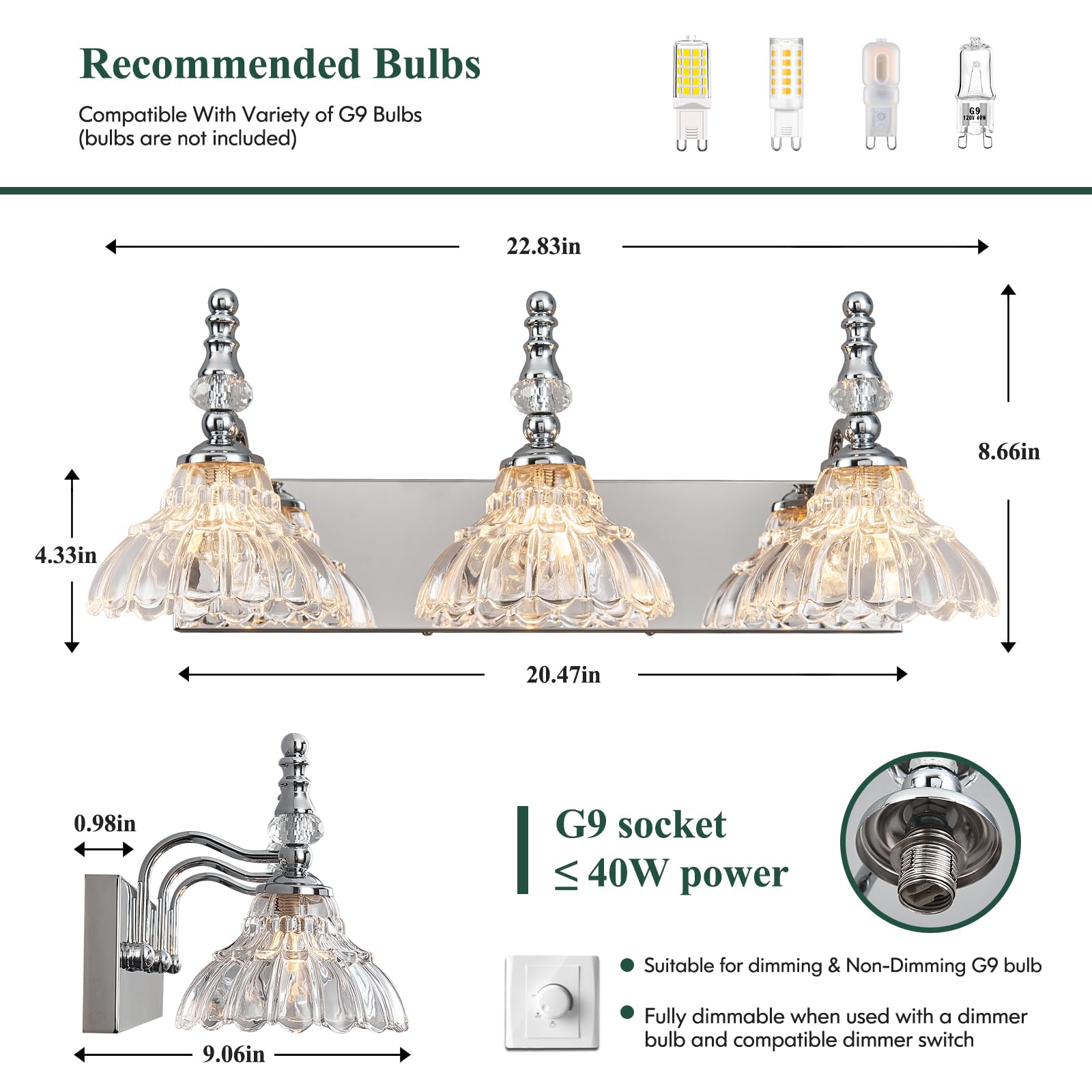 Lbsqj Vintage Bathroom Vanity Light  3-Light Chrome Vanity Lighting Fixture With Flower Glass Shade  Bathroom Lighting Fixtures Over Mirror