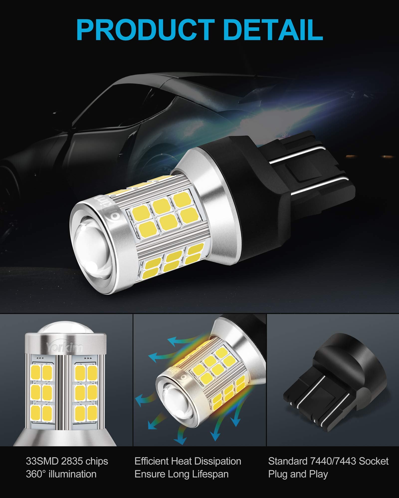 Yorkim 7443 LED Bulbs - Super Bright T20 Projector Replacement for Reverse Blinker Brake Tail Lights, 6000K Xenon White, Pack of 2