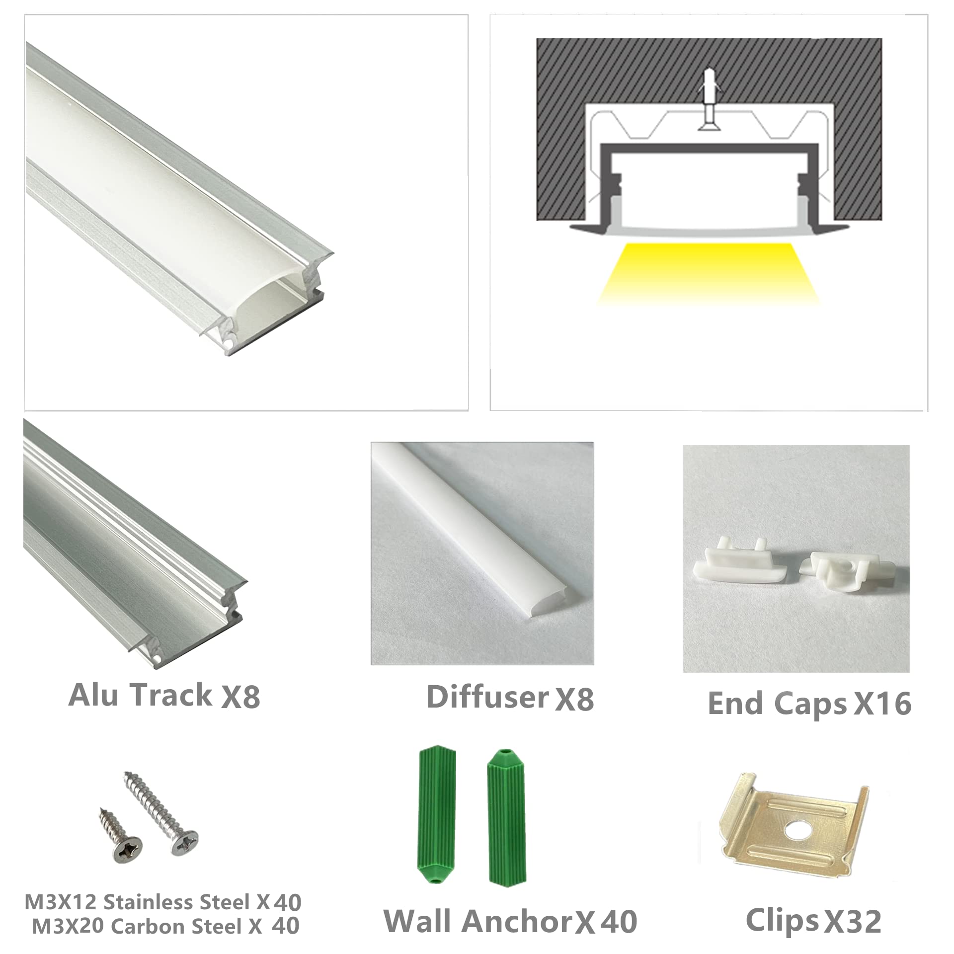 Thmoother Recessed Led Strip Channel Diffuser 8-Pack 6.56Ft,23.5X7Mm Tape Aluminum Track With Flange,Flush Mounted Wardrobe Bookcase Wine Cabinet Groove Intergrated Low Profile (6.56Ft, Silver, 8)