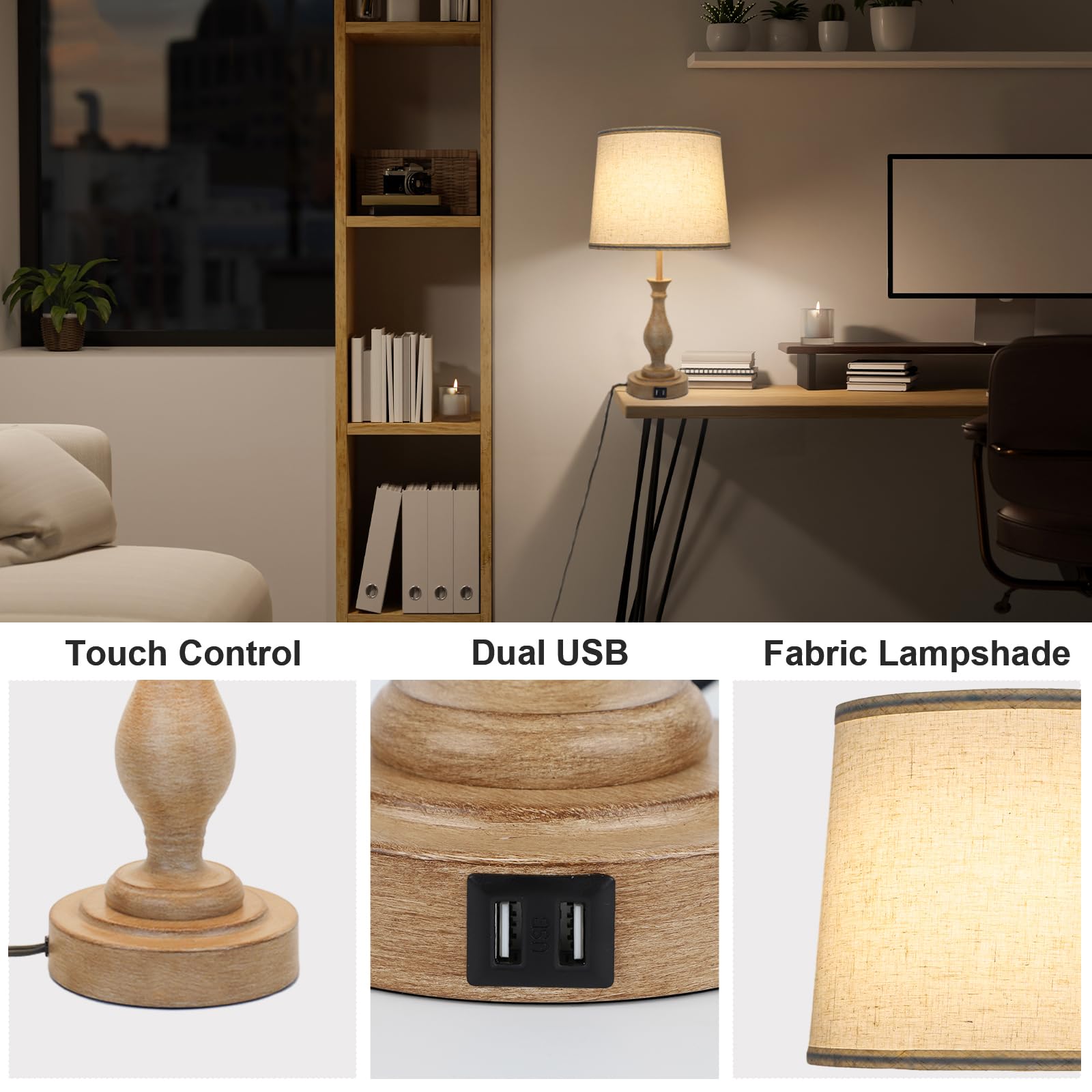 Touch Lamps For Bedrooms Set Of 2, Farmhouse Table Lamp With Dual Usb Charging Ports, 3 Way Dimmable Nightstand Lamps With Linen
