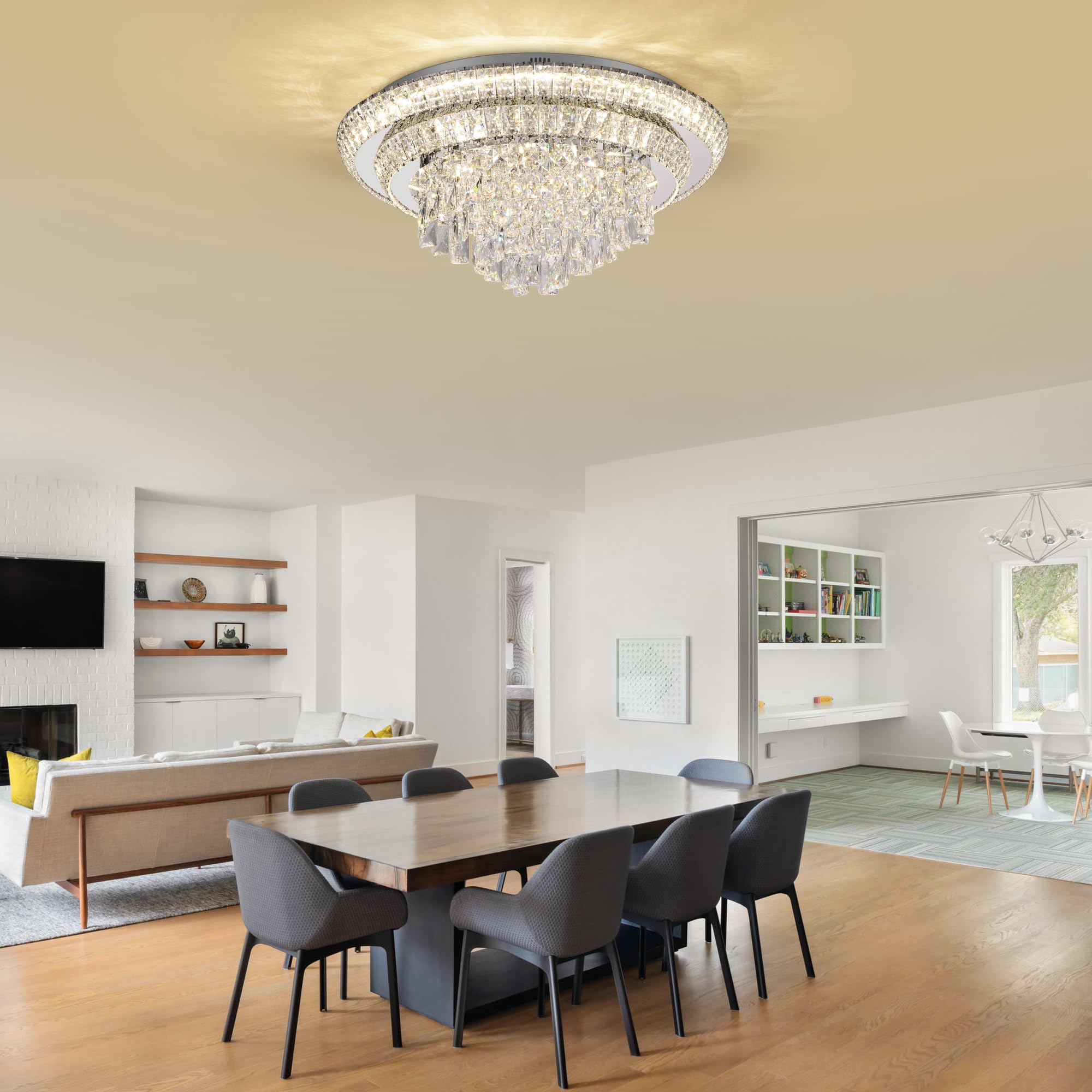 COCOSTAR 24" Silver LED Crystal Raindrop Flush Mount Chandelier Light Fixture, 3CCT Dimmable with Remote Control, Model A401-24inch
