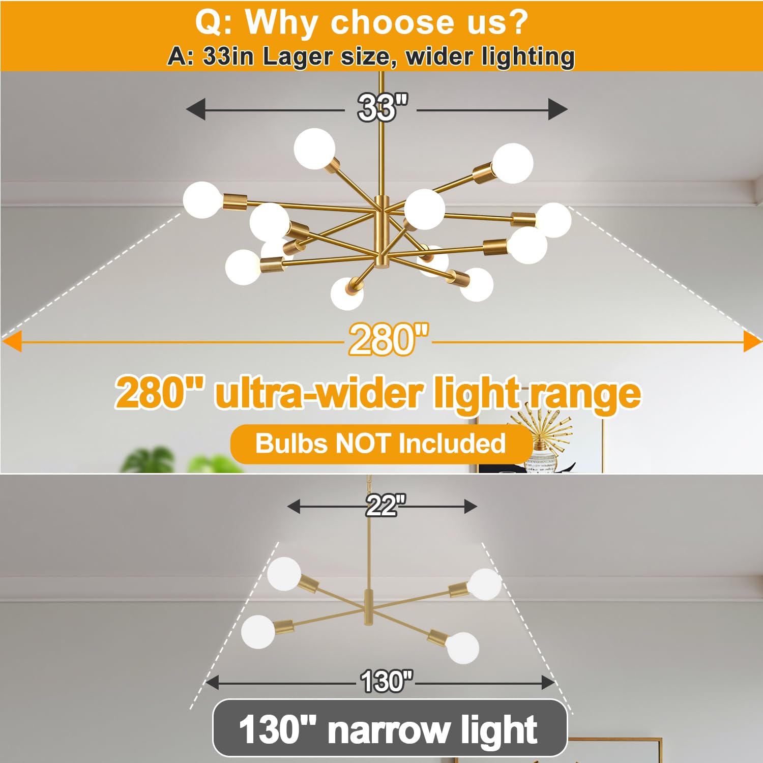 MQMQA 33in Modern Chandelier, 12-Light Sputnik Fixture, Brushed Gold, Height Adjustable, Model L240083P12 for Dining Room, Living Room, Kitchen Island