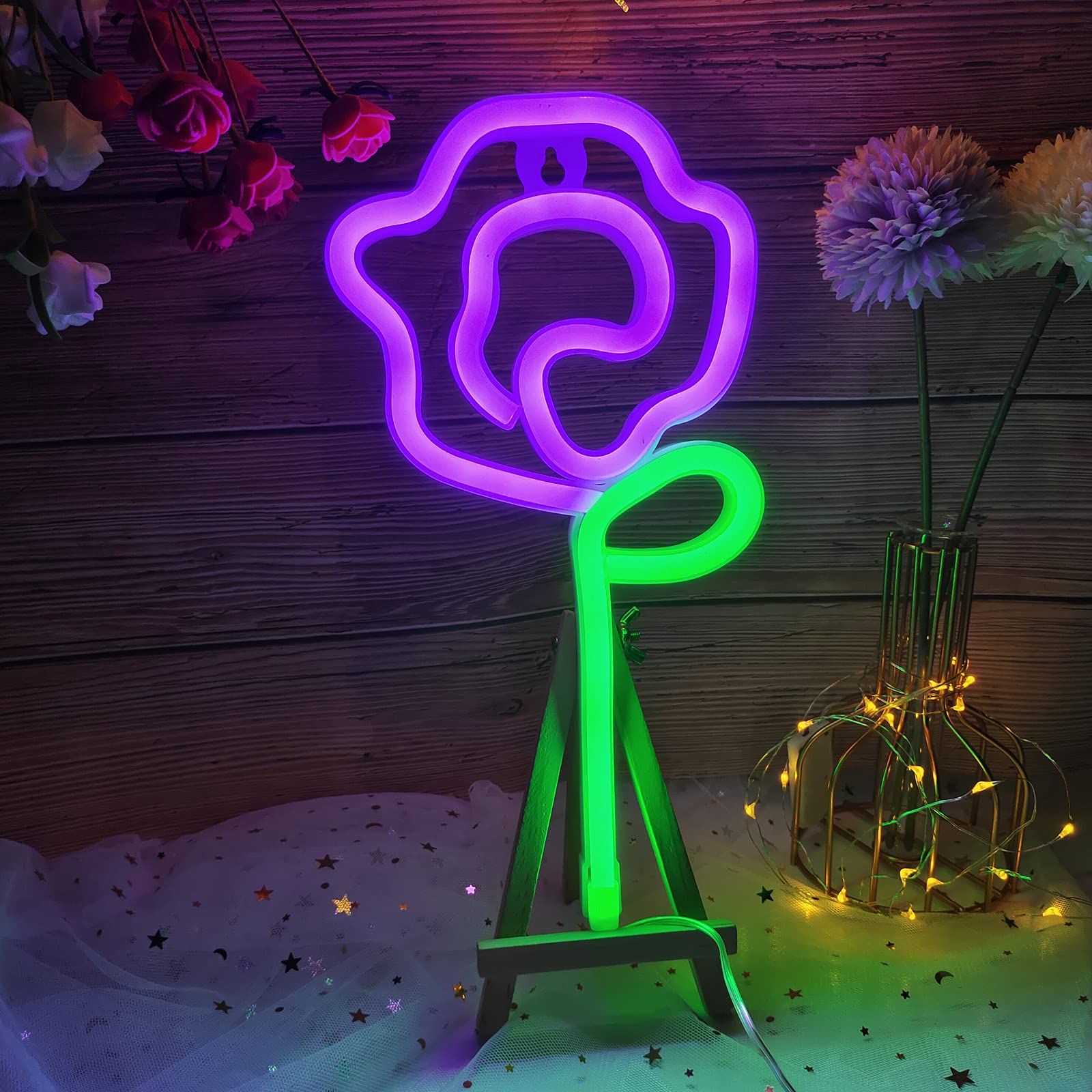 ENUOLI LED Neon Rose Flower Wall Sign, Green Stem, Purple Color, Model nNH.G053PP+GG, Ideal for Bedroom, Party, and Holiday Decor