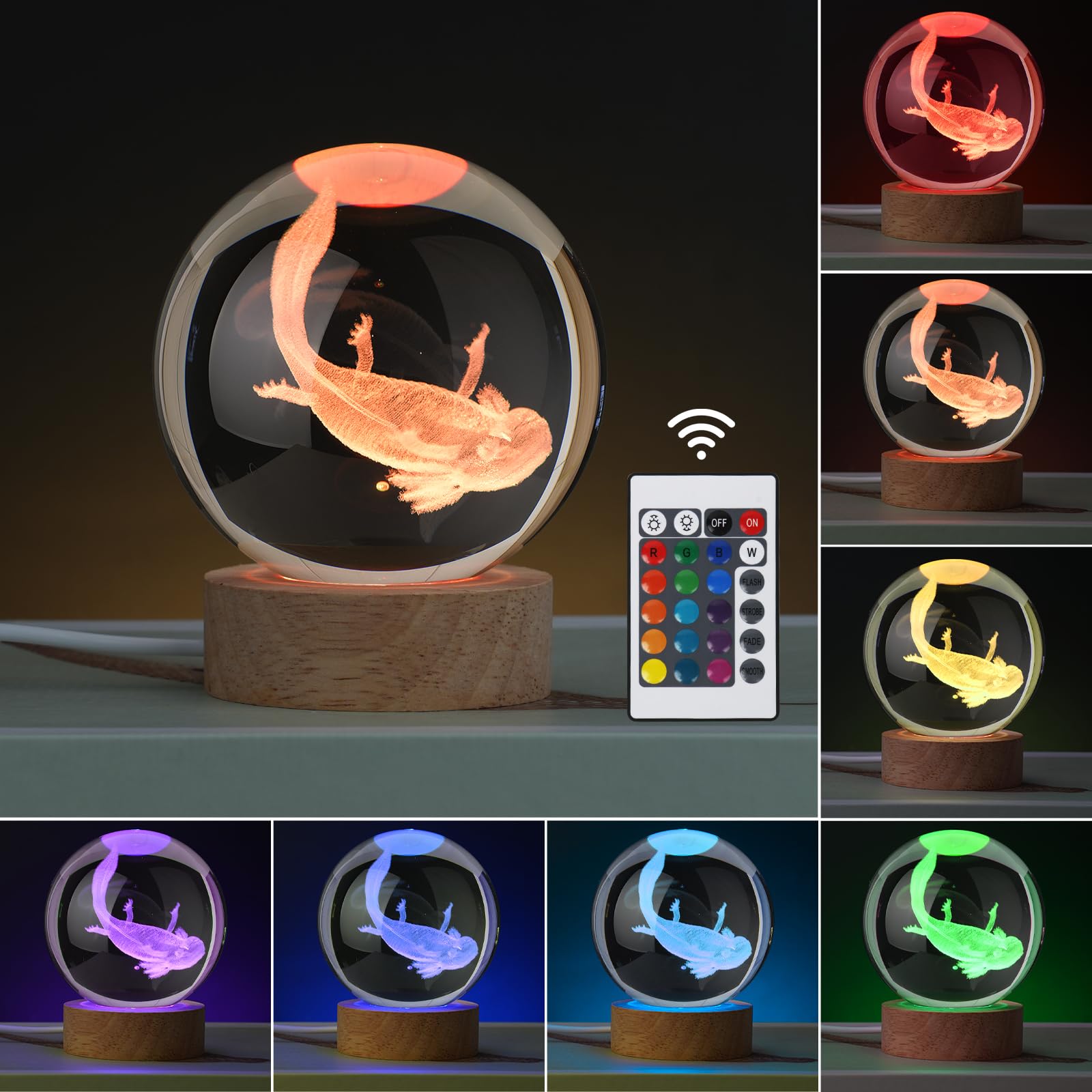 Janarary Large 3D Axolotl Crystal Ball Night Light, Axolotl Lamp 16 Color Changing With Remote Control For Bedroom Decor, Ideal