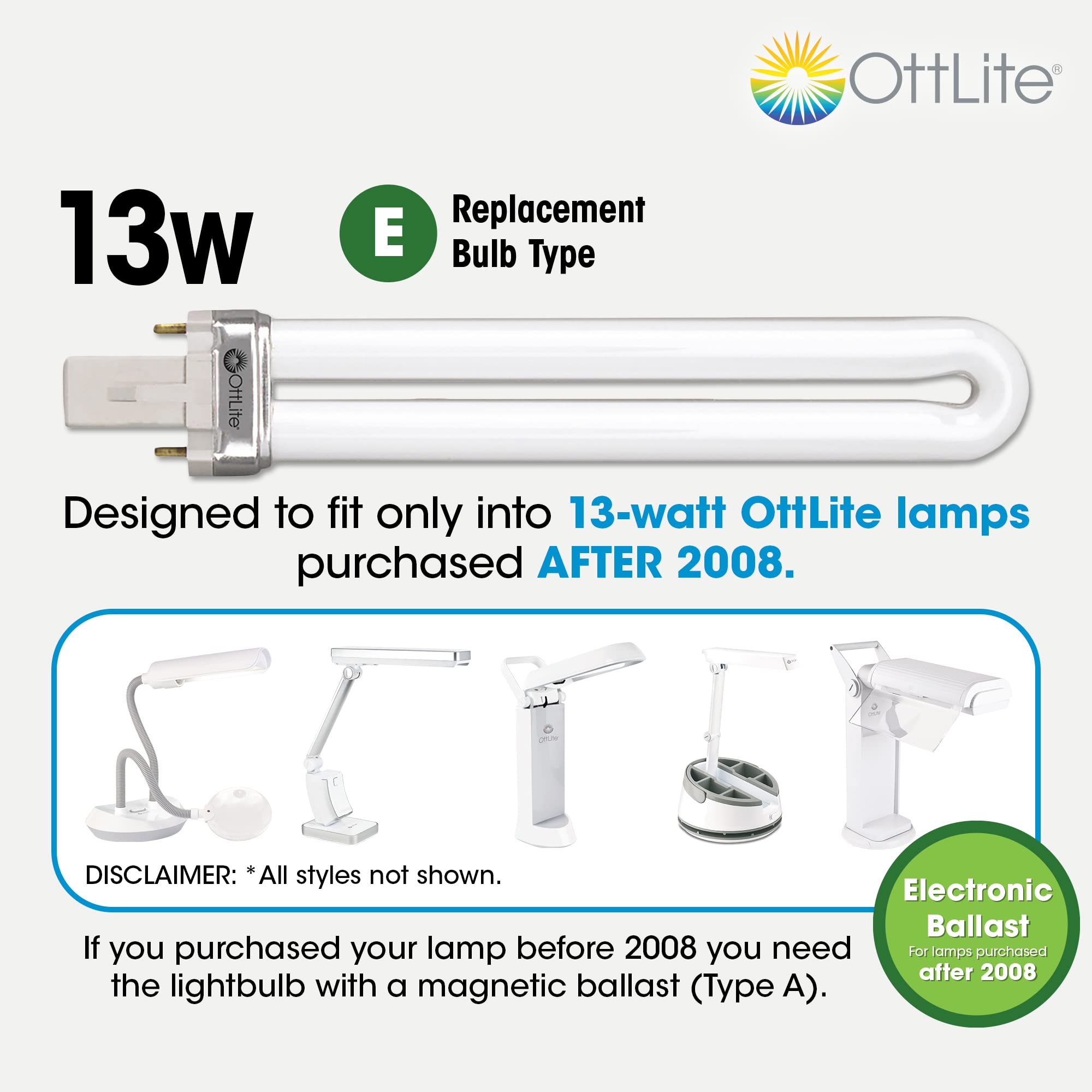OttLite 13W Electronic Ballast Compact Fluorescent Replacement Tube - White - Type E Bulb - 1 Count