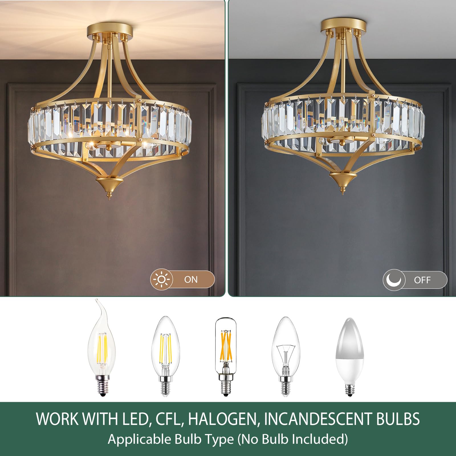 Avzkcy Modern Gold Crystal Chandelier 16 Inches Flush Mount Ceiling Light Fixtures 4-Light Rustic Round Dining Chandelier Suit F