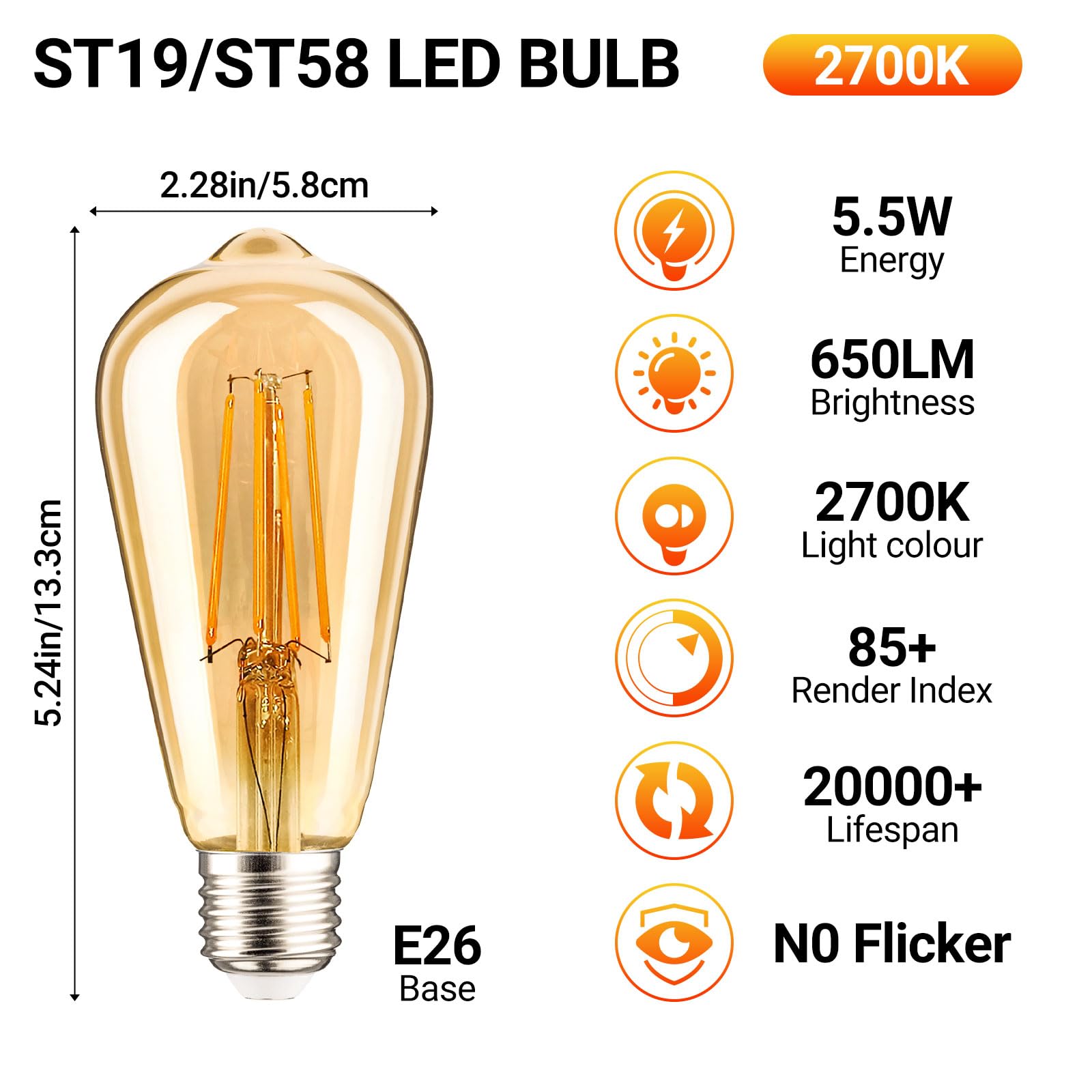 Listocasa St19 Vintage Led Edison Bulbs Dimmable,5.5W(60W Equivalent),St58 Antique Led Filament Bulbs Warm White Amber Glass,650