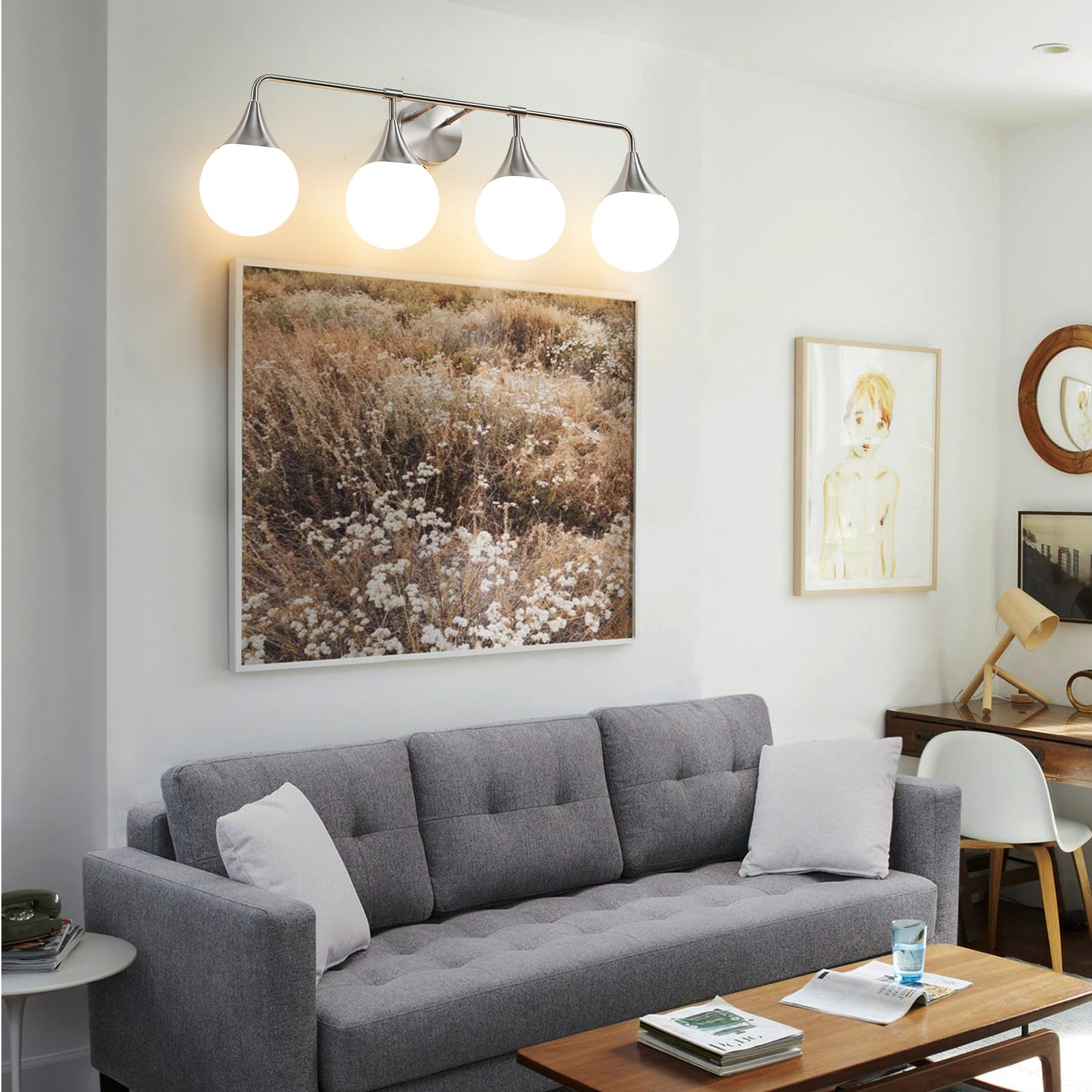 Hahzt Bathroom Vanity Light Fixtures: 4 Lights Mid Century Modern Bathroom Lighting Fixtures Over Mirrors - Brushed Nickel Wall Sconce With Milky Glass Ball Shades For Bath Bedroom