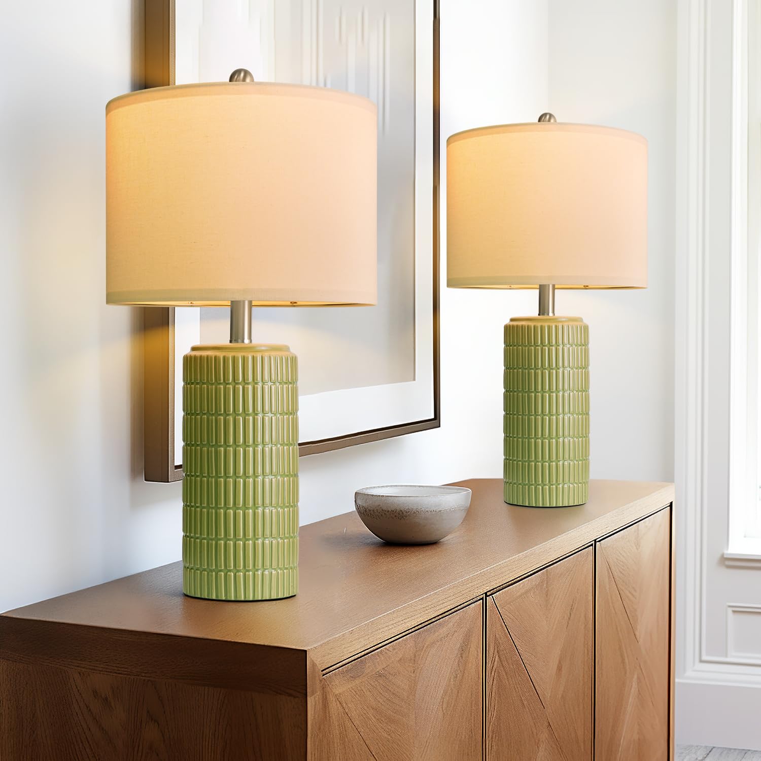 PoKat 23'' Green Ceramic Table Lamps Set of 2, Farmhouse Table Lamps for Living Room, Modern Lamps for Bedroom Night Stands, Tra