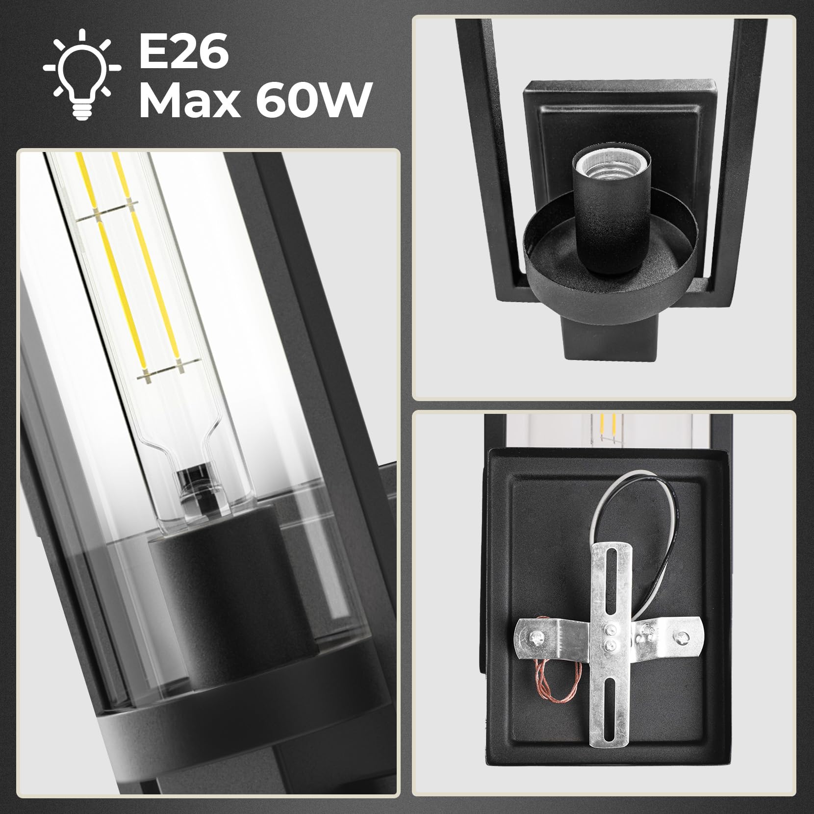 CINOTON Black Wall Sconces Set of 2, 15in Matte Black Hardwired Vintage Light Fixtures, Clear Glass, Model STR-WL-0016