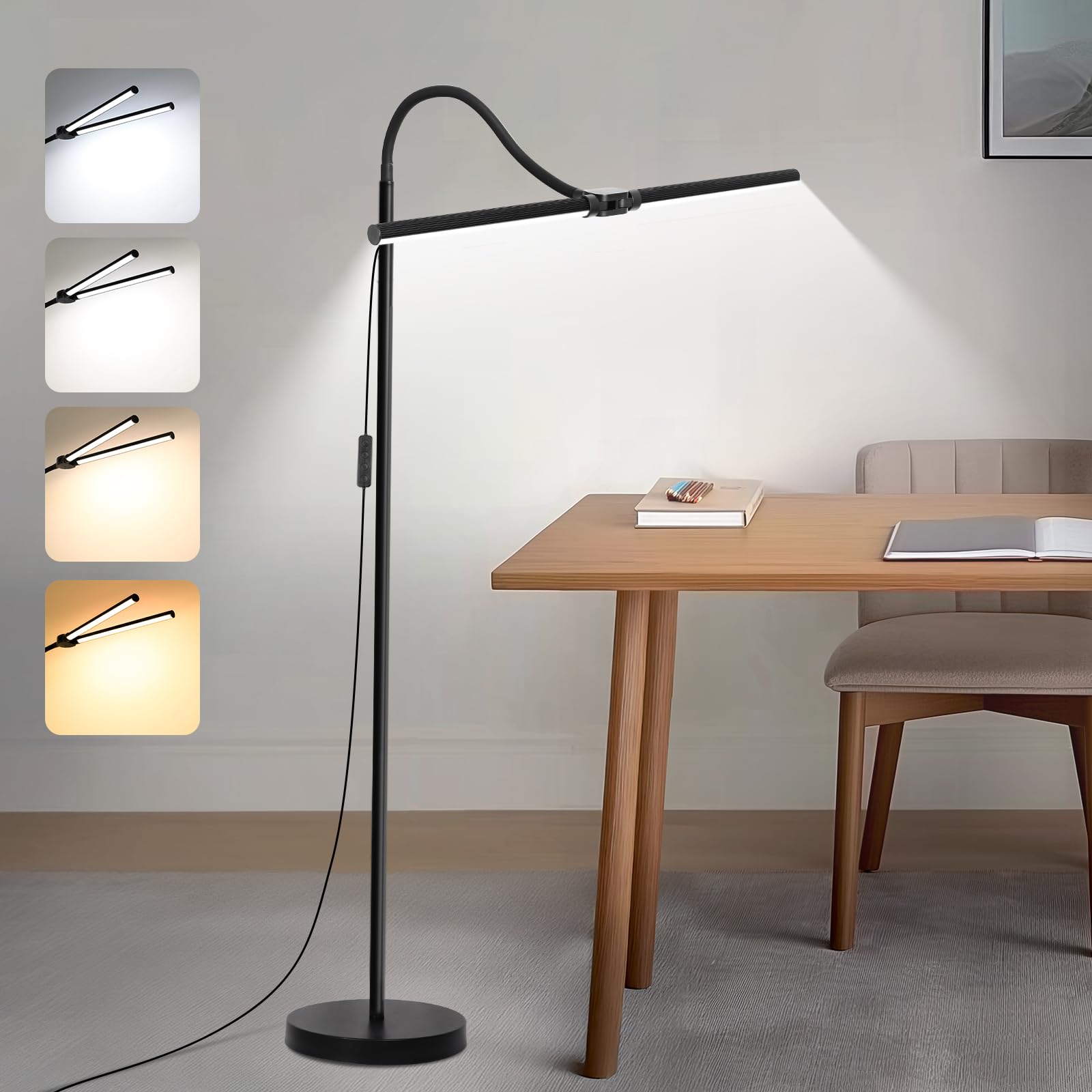 LED Floor Lamp, 15W/1800LM Bright Reading Floor Lamp for Office with Double Head, Adjustable Gooseneck Dimmable Modern Standing 