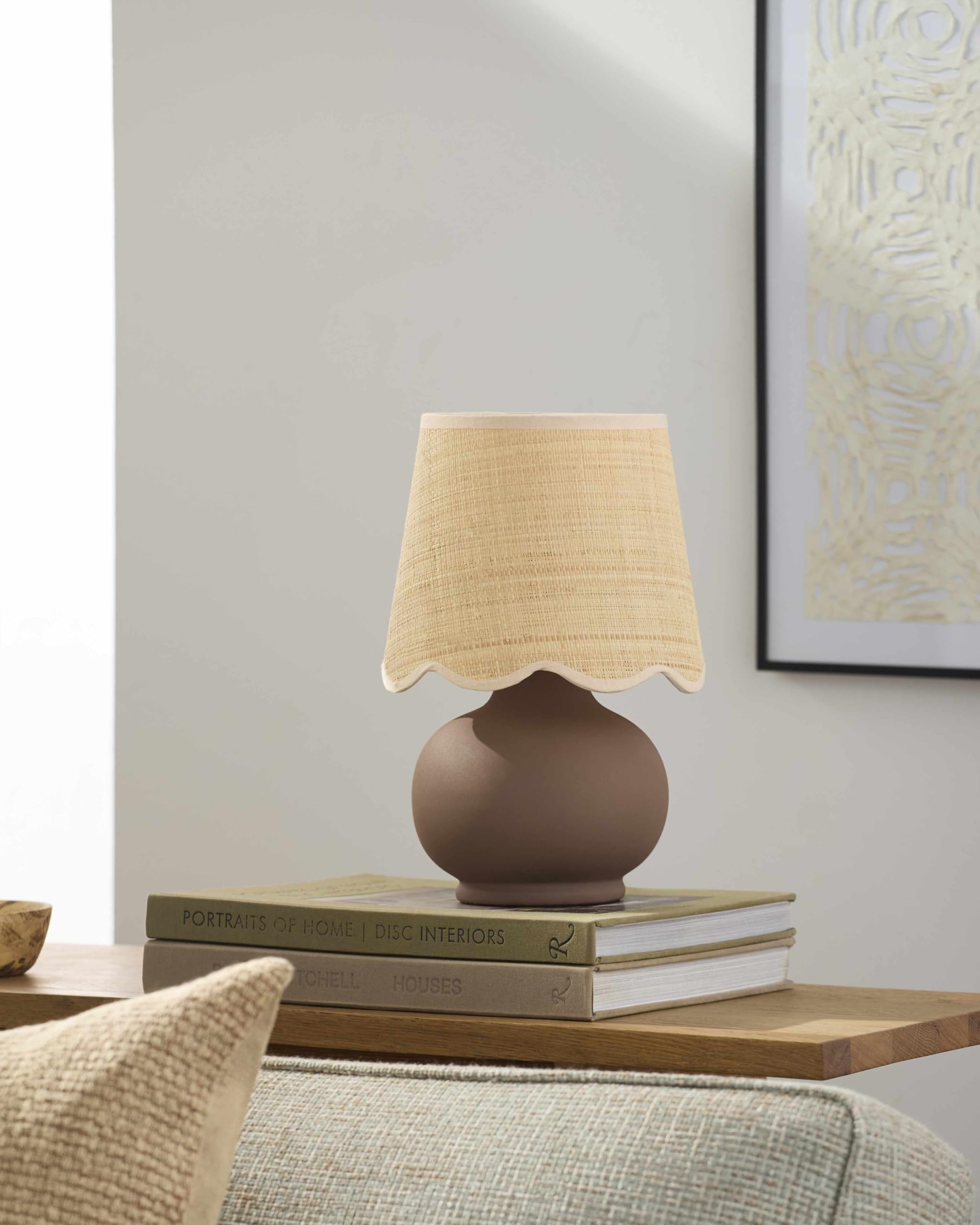 BoutiqueRugs Ceramic Bedside Table Lamp - Rattan Shade, 13inH x 8inW x 8inD - Brown, Beige, Model TXCHMD9-058