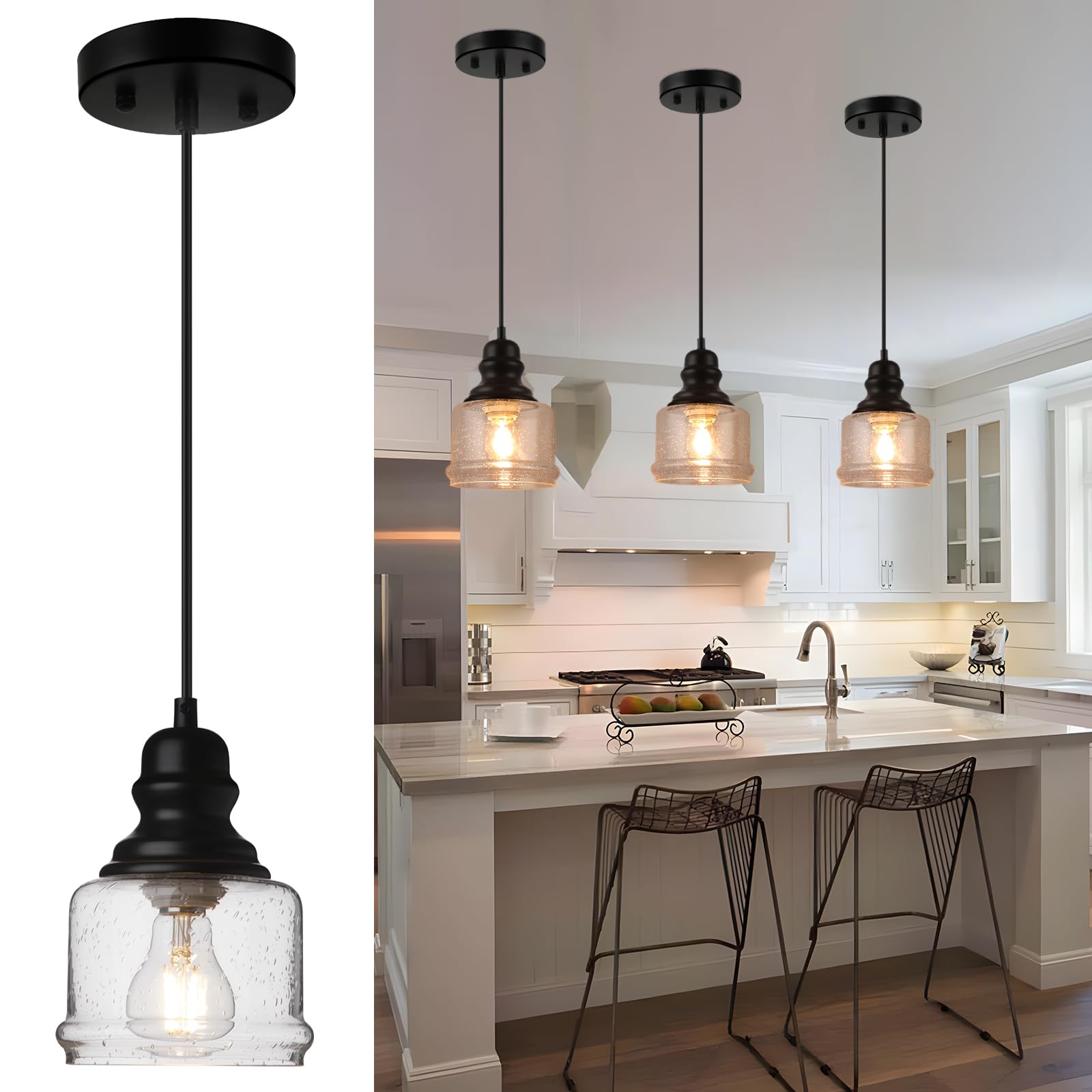 WILON Industrial Pendant Light, 1-Light, Adjustable, Black Seeded Glass, Dimmable, Model QLBD0056-A