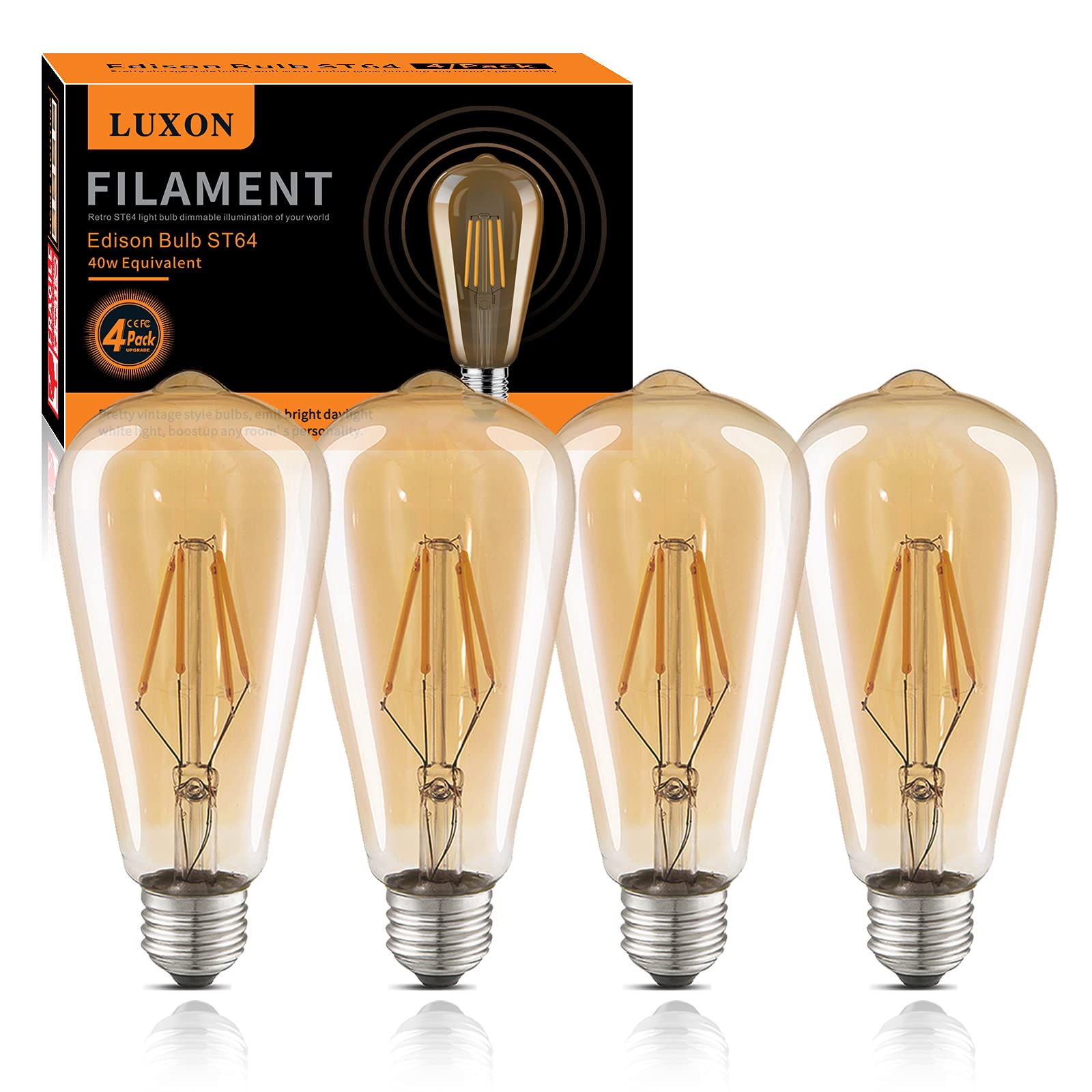 Luxon Dimmable Led Edison Bulbs, 4W (40W Equivalent), 2700K Warm White, St64 Amber Glass, E26 Base, Pack Of 4