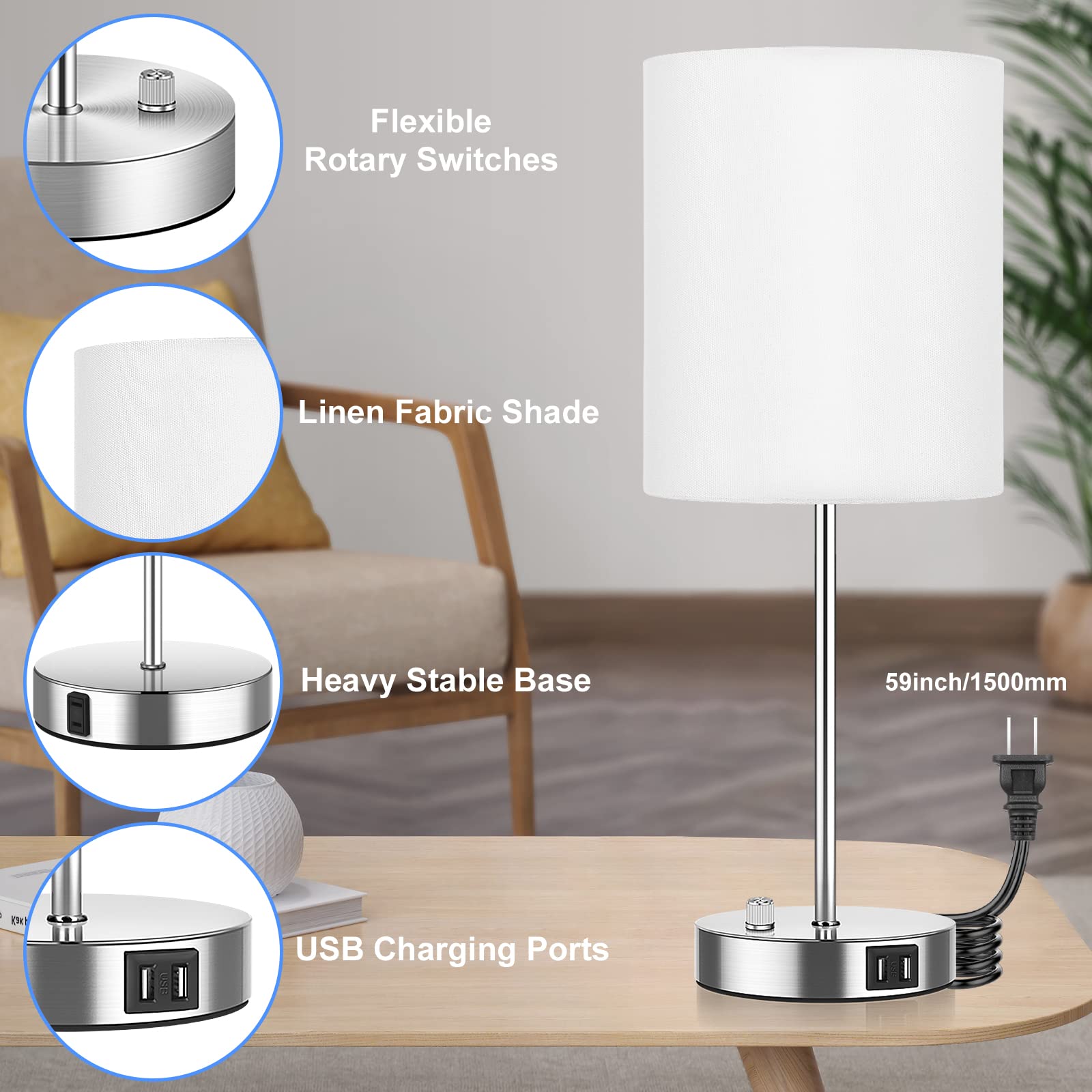 Set Of 2 Table Lamps With Usb Ports, White Bedside Lamps With Ac Outlet, Modern Nightstand Lamps With Rotary Switch, Minimalist