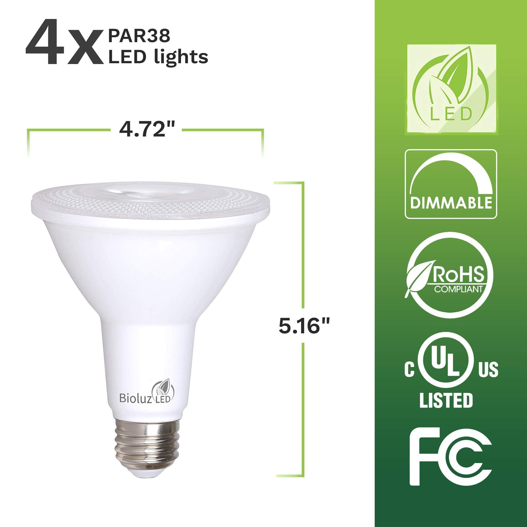 Bioluz LED PAR38 Bulb 12W Soft White 3000K 4 Pack Dimmable UL Listed Model BP38-3K1200