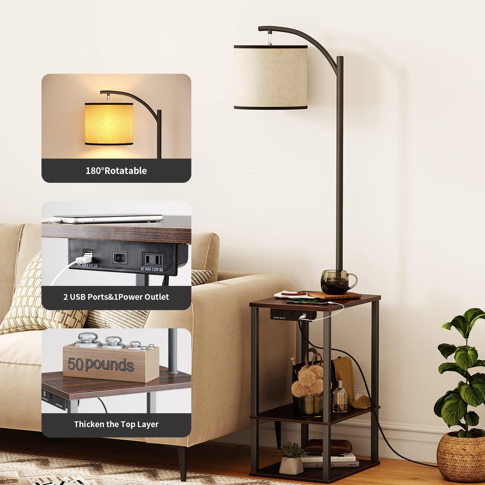 SUNMORY Floor Lamp with Table, Rustic End Table Lamp, Charging Station, 3-Color LED Bulb, Walnut Brown Wood