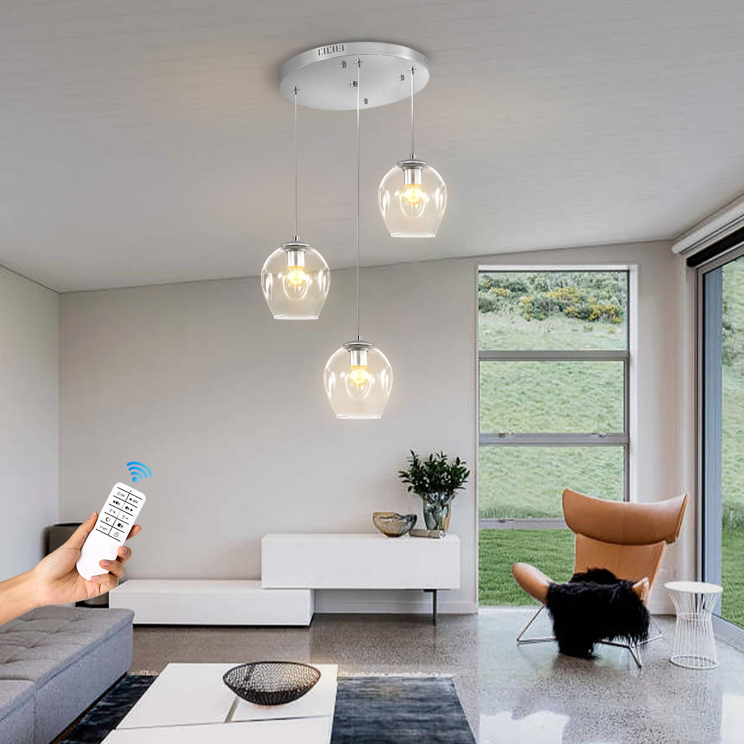 3-Light Silver Chandelier With Led Bulbs & Clear Glass Shade Ceiling Light Pendant Light For Kitchen Island, Dining Room, Living