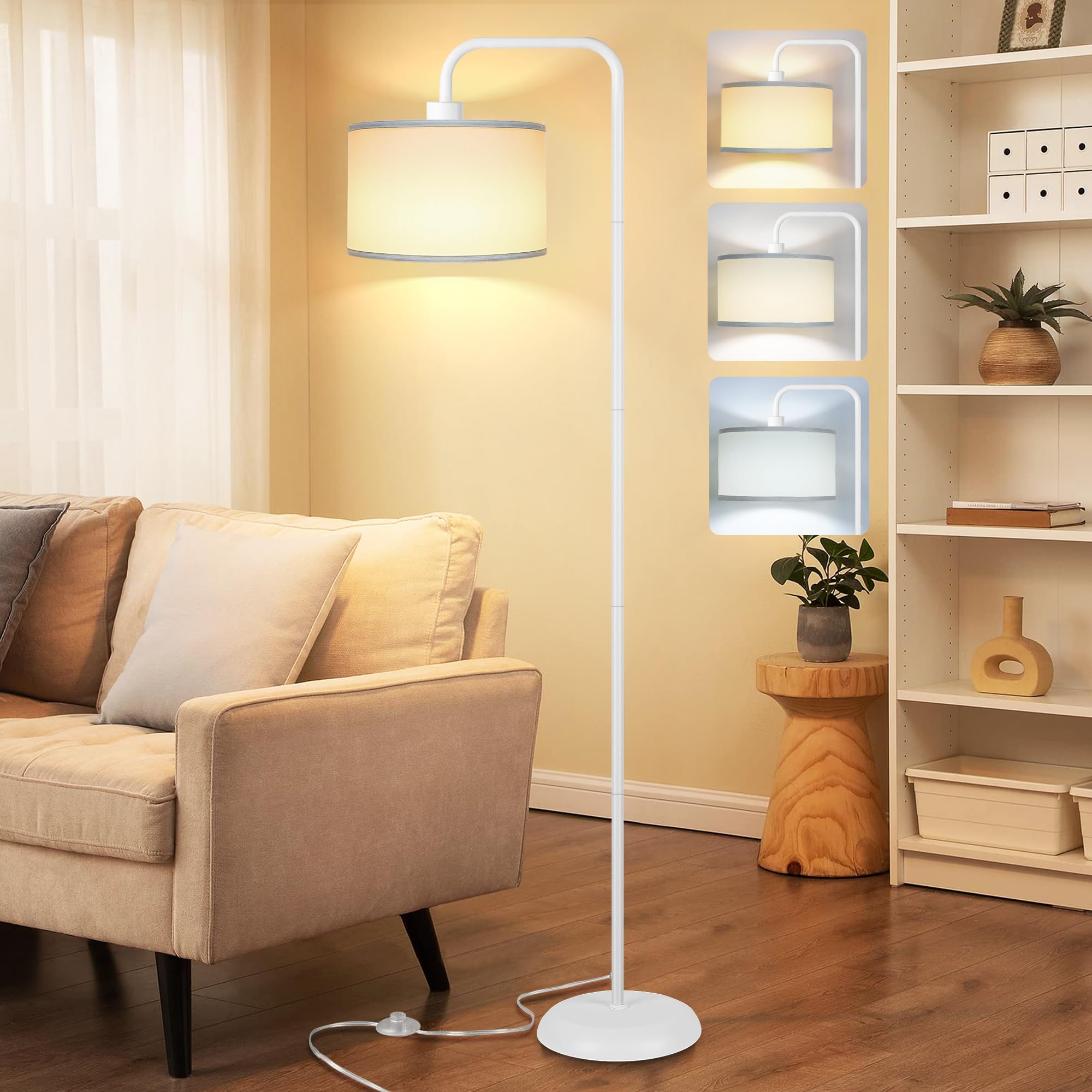 PARTPHONER LED Floor Lamp, 3 Color Temperatures, Foot Switch, Metal and Fabric, Modern Design, Model STR-FL-0162, White