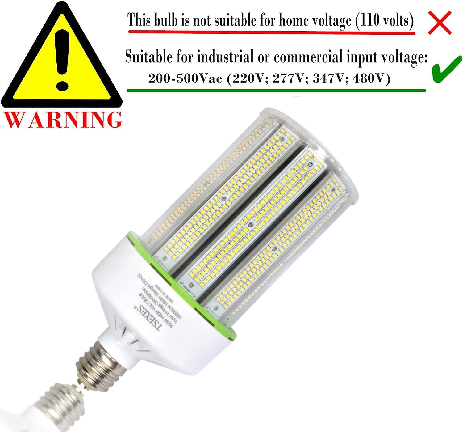 Tsexes 347V 480V Led Corn Cob Light Bulb,300W E39 Mogul Base 5000K Daylight,Replacement For 1000W Hid (Mh, Hps),High Bay Parking
